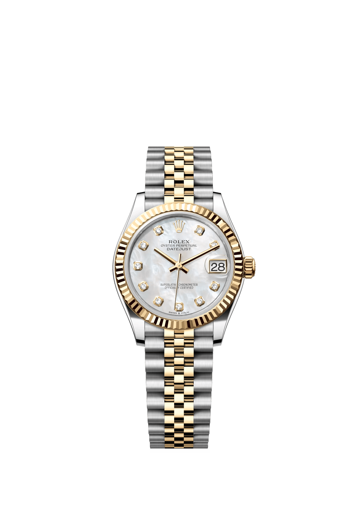 The Oyster Perpetual Datejust 31 in yellow gold and Oystersteel features a white mother-of-pearl dial set with diamonds and a Jubilee bracelet. -m278273-0028