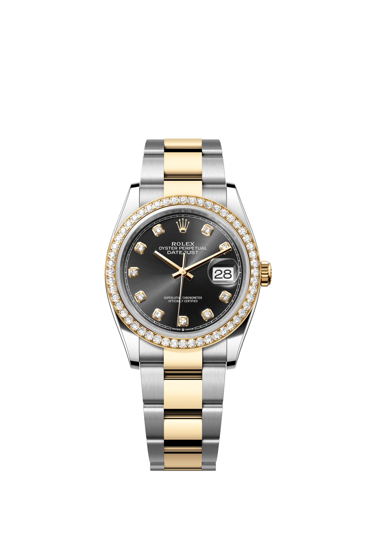 The Oyster Perpetual Datejust 36 is available in yellow gold and Oysteel, with a diamond-set glossy black dial and an Oyster bracelet. -m126283rbr-0008