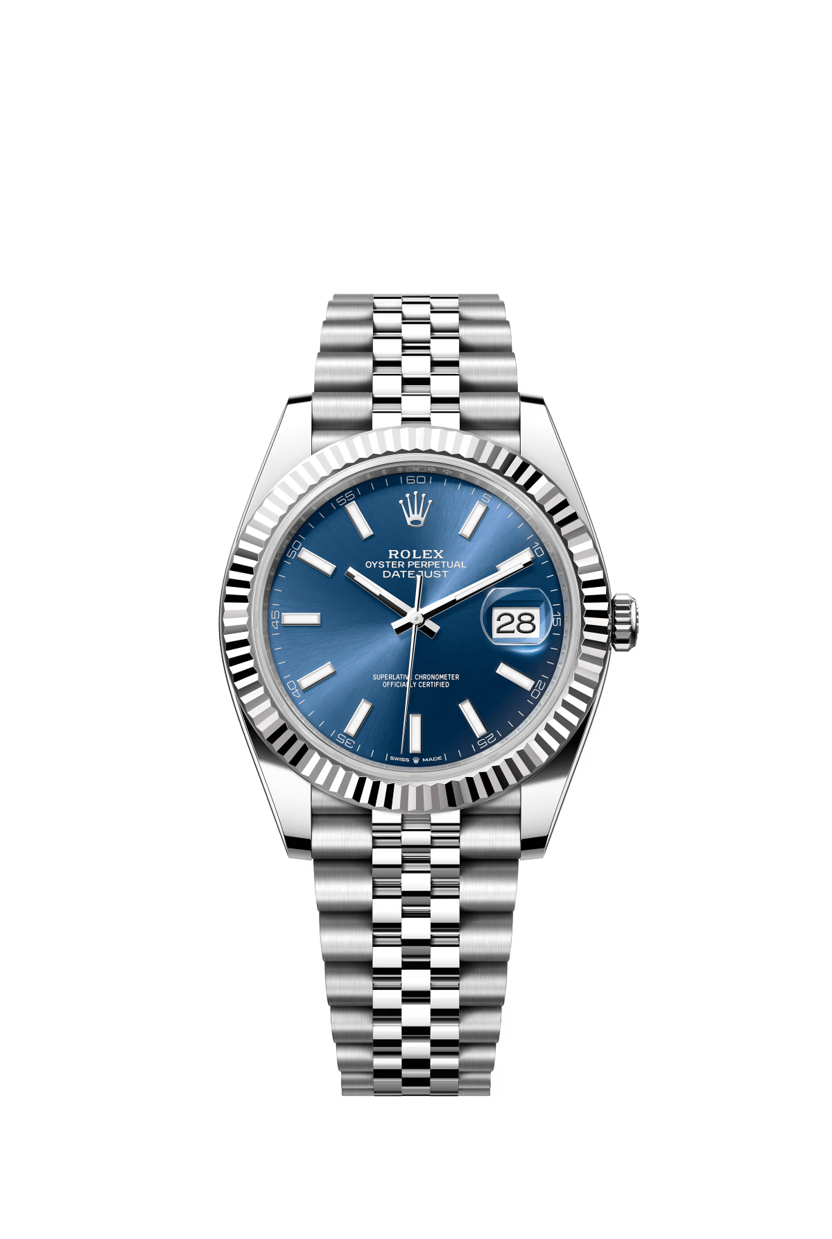 The Oyster Perpetual Datejust 41 is available in white gold and Oystersteel with a bright blue dial and a Jubilee bracelet. -m126334-0002