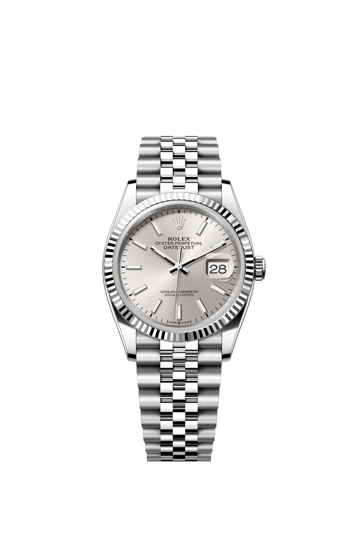 The Oyster Perpetual Datejust 36 is available in white gold and Oystersteel with a silver dial and a Jubilee bracelet. -m126234-0013