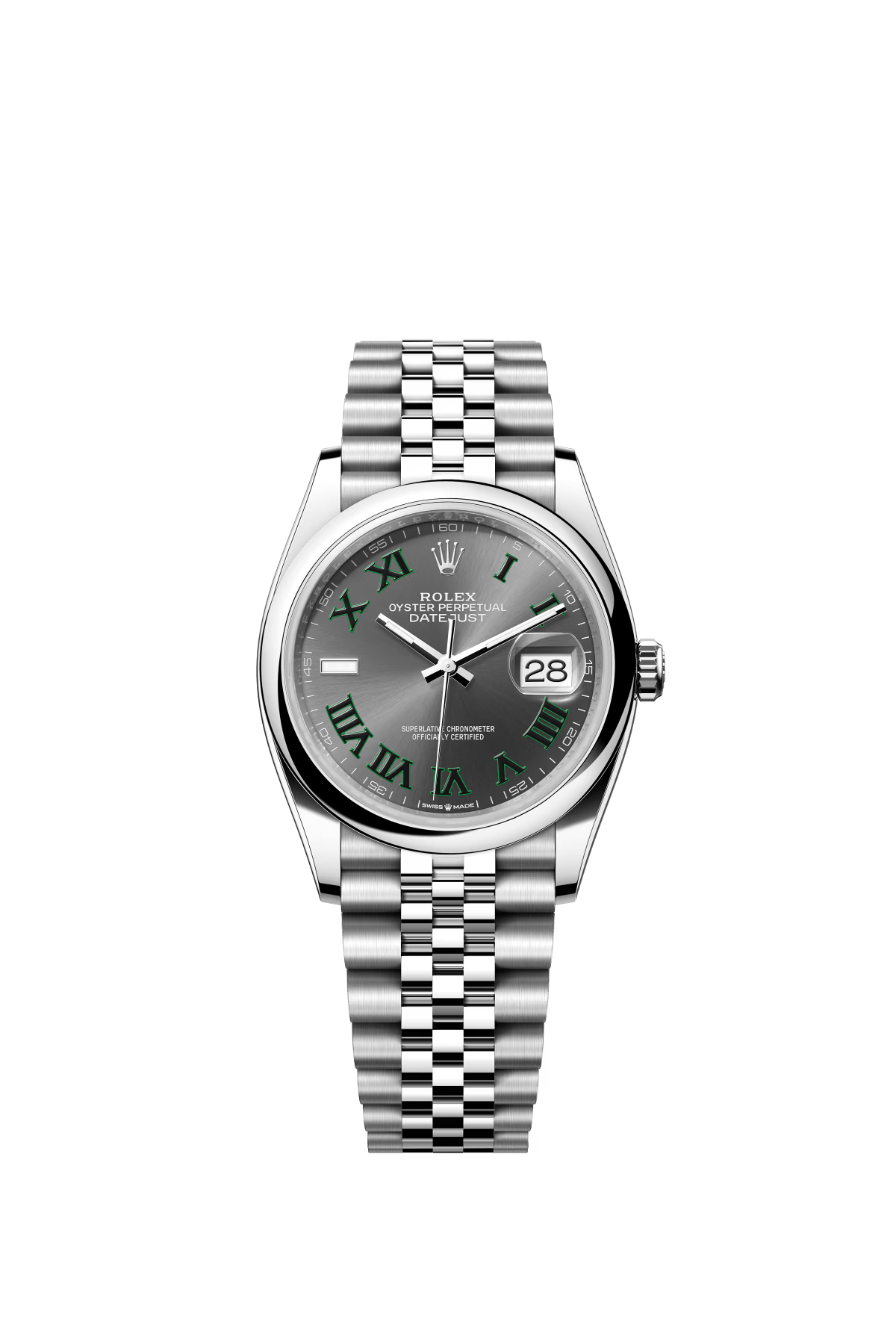 The Oyster Perpetual Datejust 36 in Oyster steel with a slate grey dial and a Jubilee bracelet. -m126200-0017