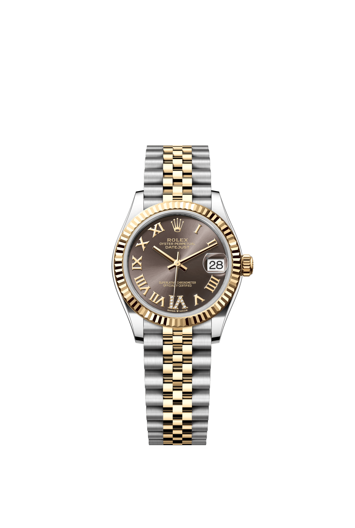 The Oyster Perpetual Datejust 31 in yellow gold and Oystersteel with a diamond-set dark grey dial and a Jubilee bracelet. -m278273-0018