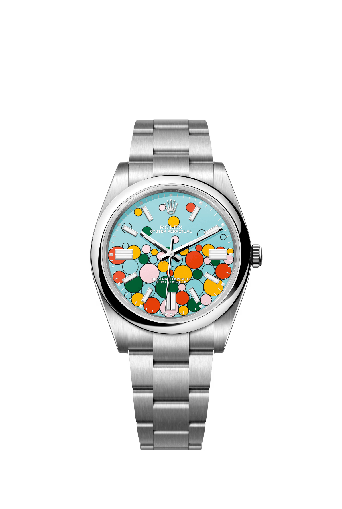 The Oyster Perpetual 41 is fitted with a turquoise blue celebration dial and an Oyster bracelet. -m124300-0008