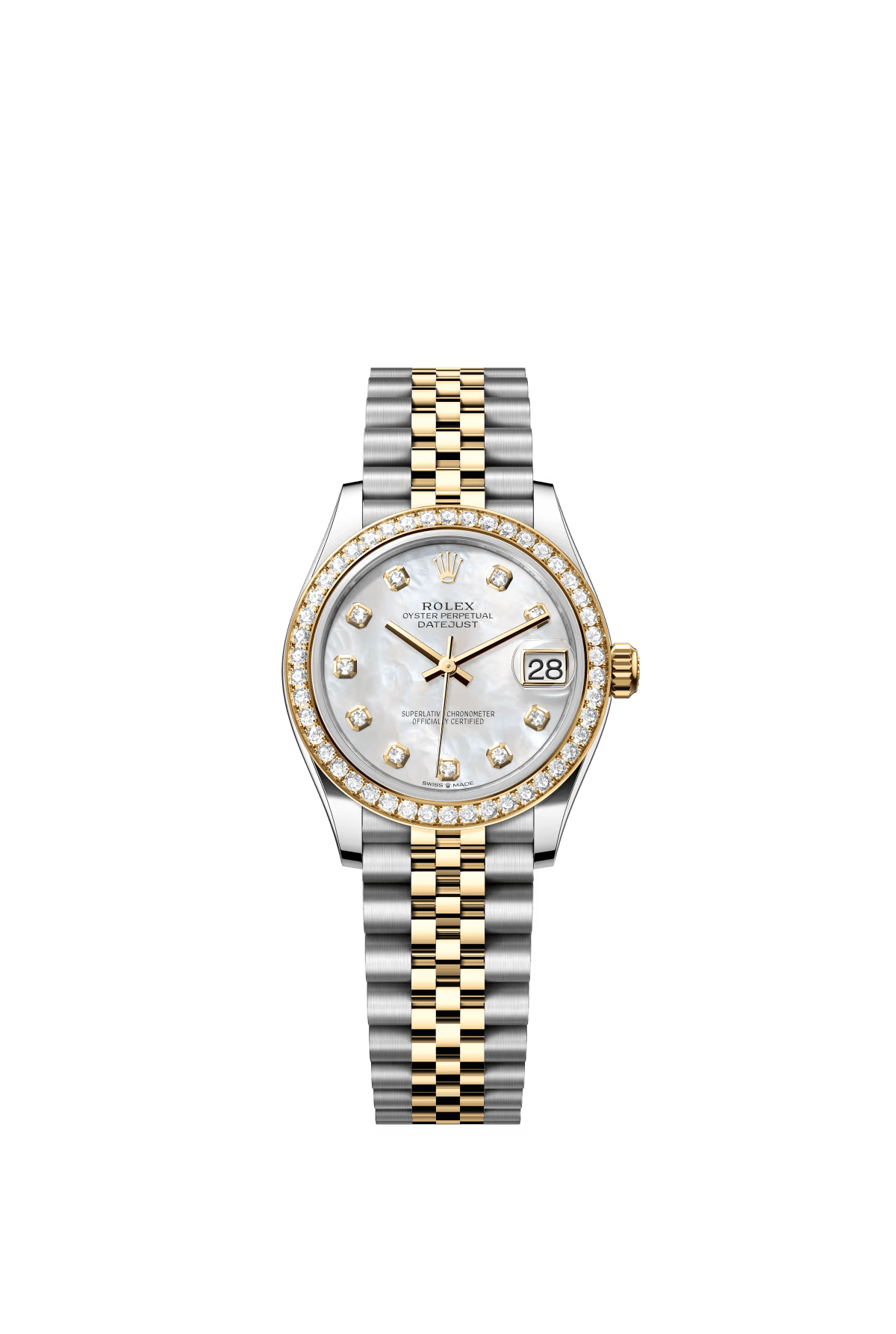 The Oyster Perpetual Datejust 31 in yellow gold and Oystersteel features a white mother-of-pearl dial set with diamonds and a Jubilee bracelet. -m278383rbr-0028