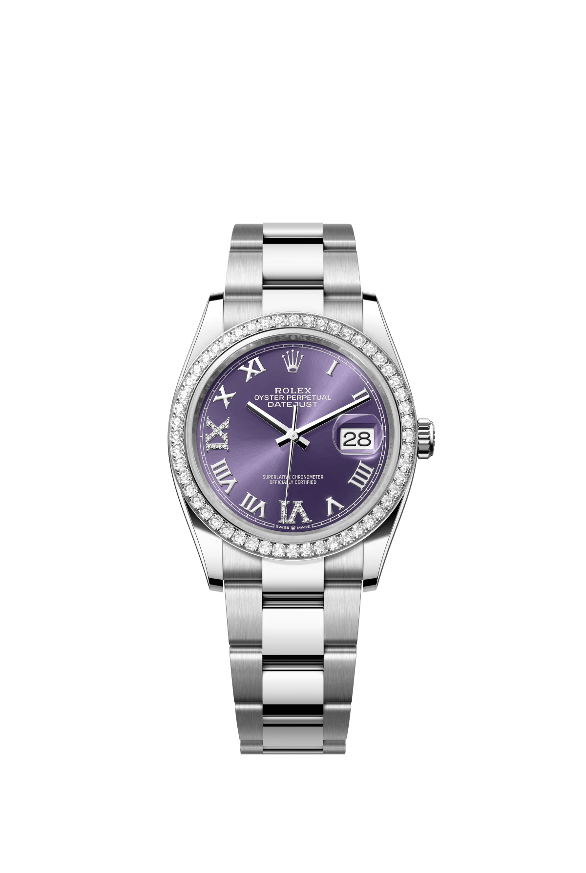 The Oyster Perpetual Datejust 36 is available in white gold and Oystersteel, with a diamond-set eggplant purple dial and an Oyster bracelet. -m126284rbr-0014