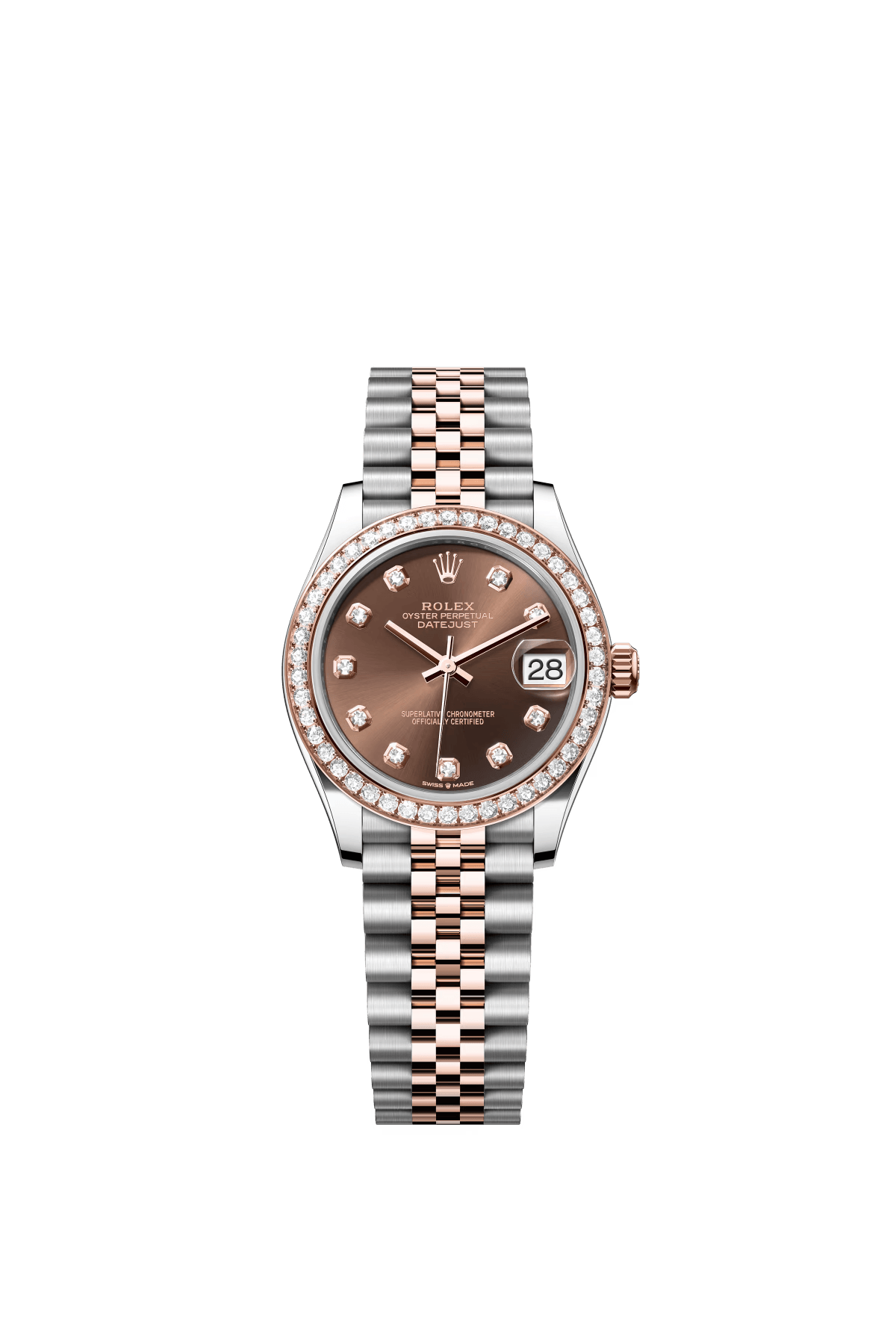 The Oyster Perpetual Datejust 31 is available in Everose gold and Oystersteel with a chocolate-coloured diamond-set dial and a Jubilee bracelet. -m278381rbr-0028