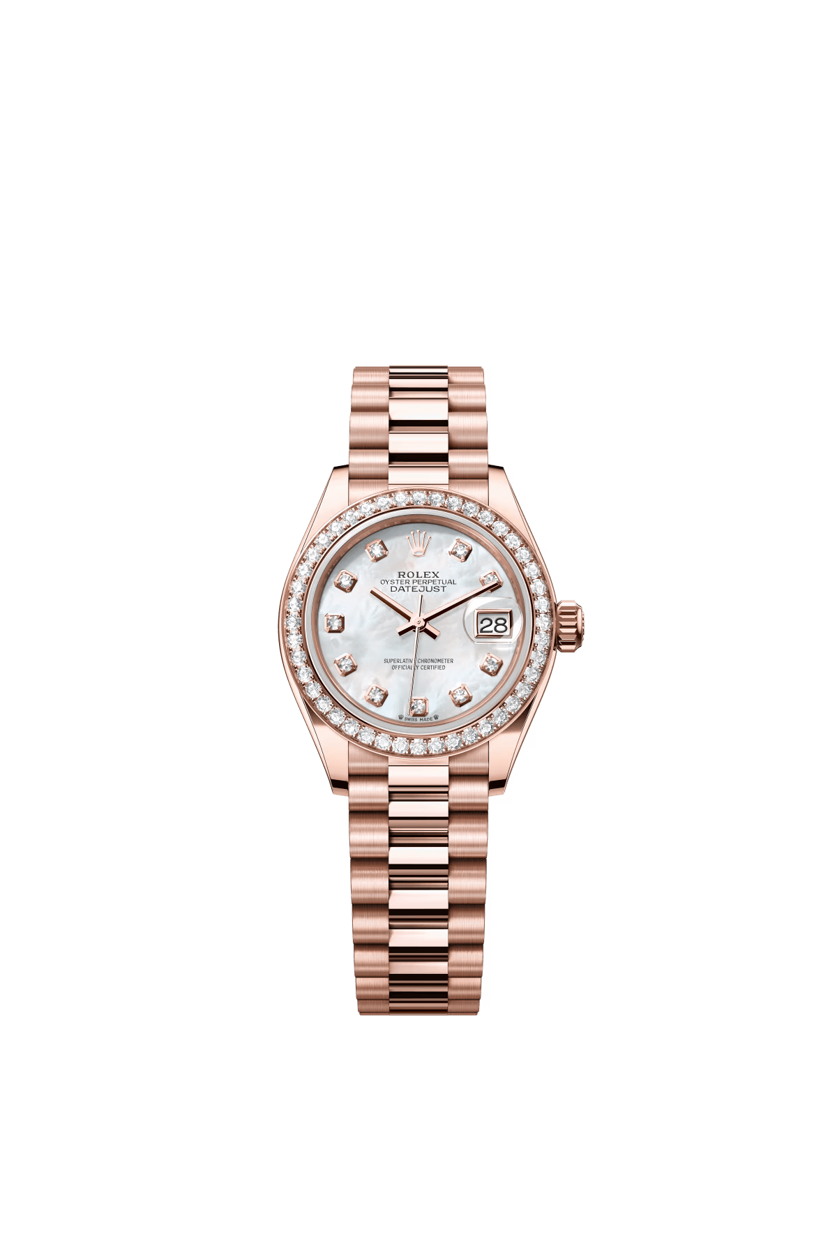 The Oyster Perpetual Lady-Datejust in 18 ct Everose gold with a diamond-set white mother-of-pearl dial and a President bracelet. -m279135rbr-0010 28mm