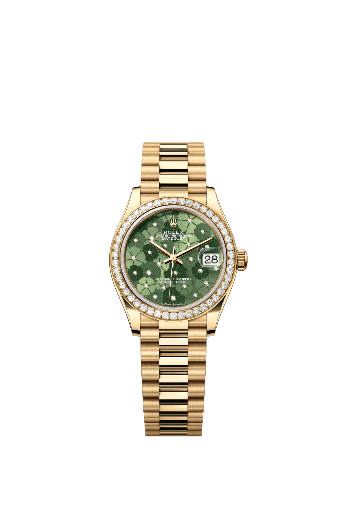 The Oyster Perpetual Datejust 31 in 18 ct yellow gold with a diamond-set olive green flower motif dial and a President bracelet. -m278288rbr-0038