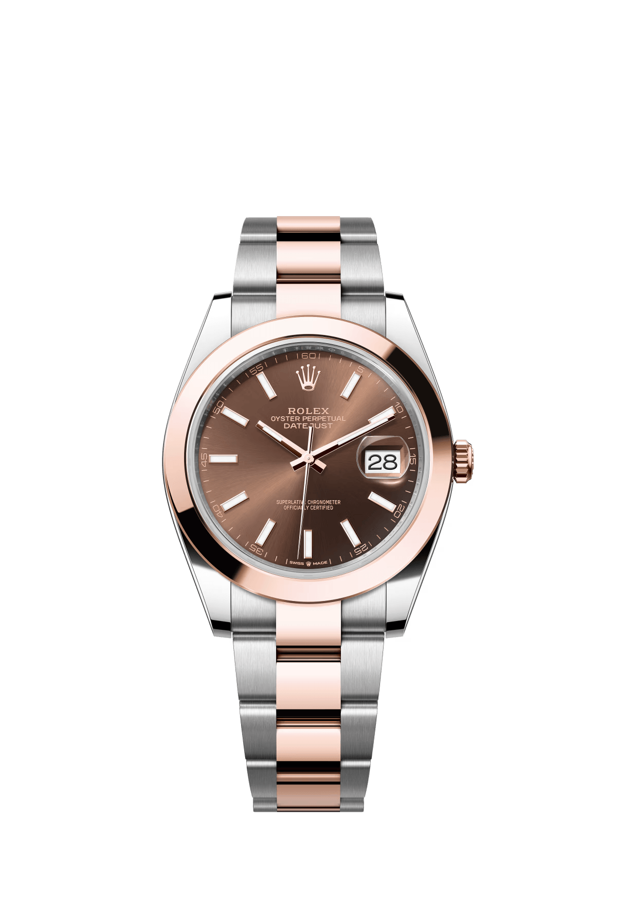 The Oyster Perpetual Datejust 41 is available in Everose gold and Oystersteel with a chocolate-coloured dial and an Oyster bracelet. -m126301-0001