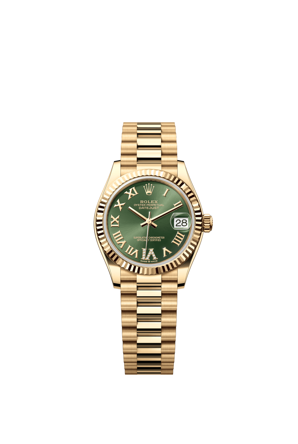 The Oyster Perpetual Datejust 31 is in 18 ct yellow gold with an olive-green diamond-set dial and a President bracelet. -m278278-0030