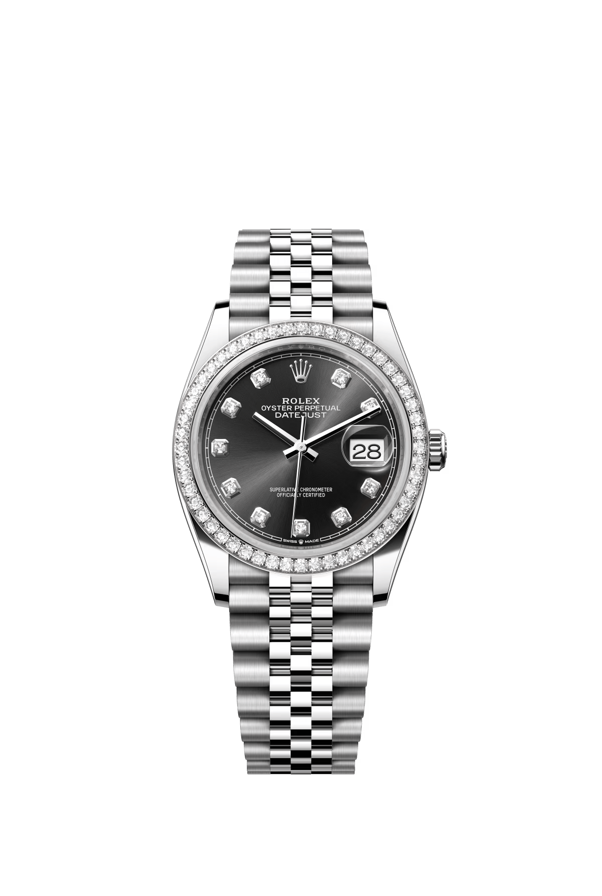 The Oyster Perpetual Datejust 36 is available in white gold and Oystersteel with a shiny black diamond-set dial and a Jubilee bracelet. -m126284rbr-0019