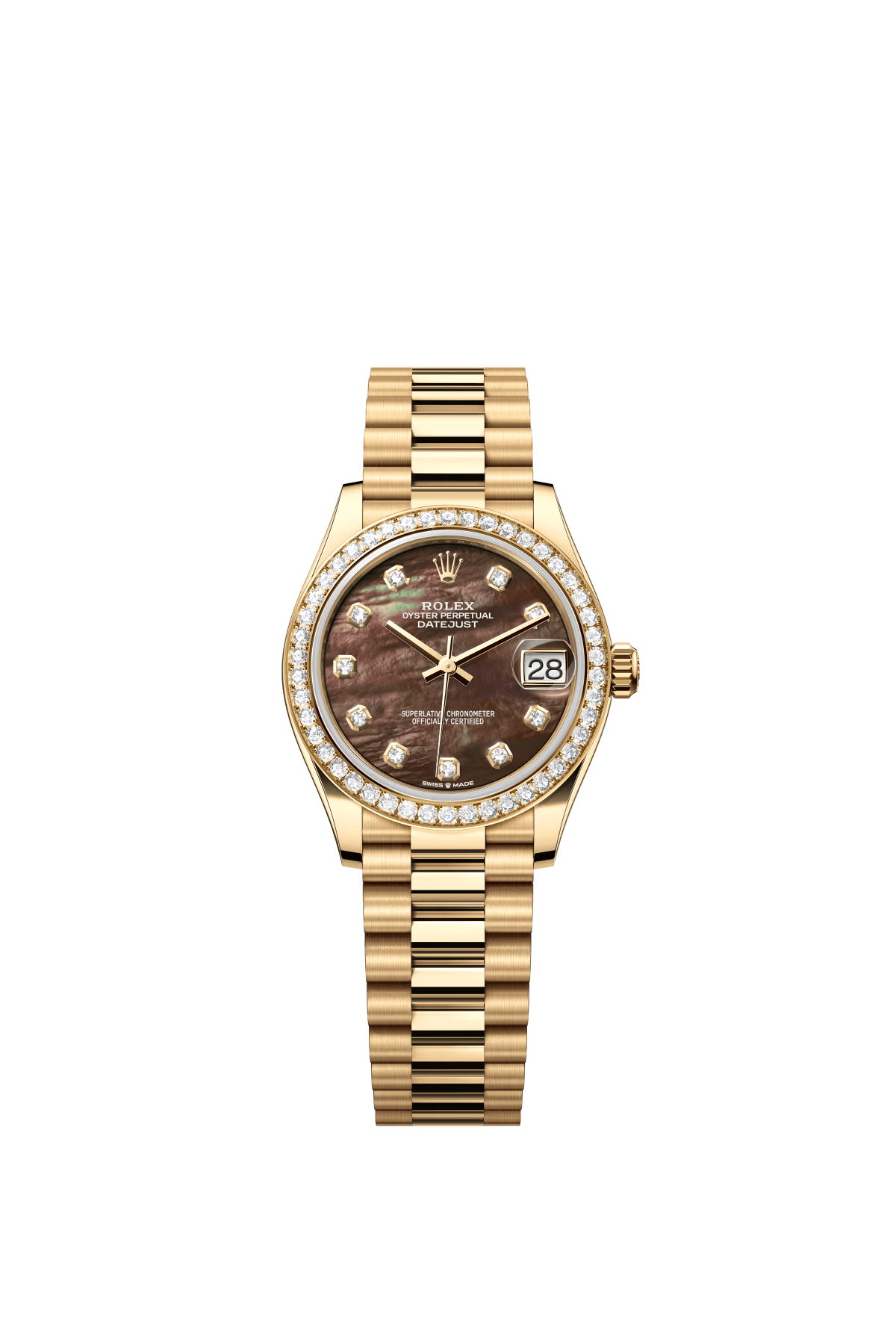 The Oyster Perpetual Datejust 31 is in 18 ct yellow gold, with a diamond-set black mother-of-pearl dial and a President bracelet. -m278288rbr-0032
