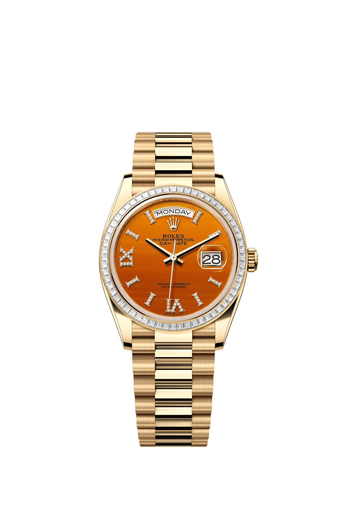 The Oyster Perpetual Day-Date 36 in 18 ct yellow gold with a diamond-set carnelian dial, diamond-set bezel and President bracelet. -m128398tbr-0018