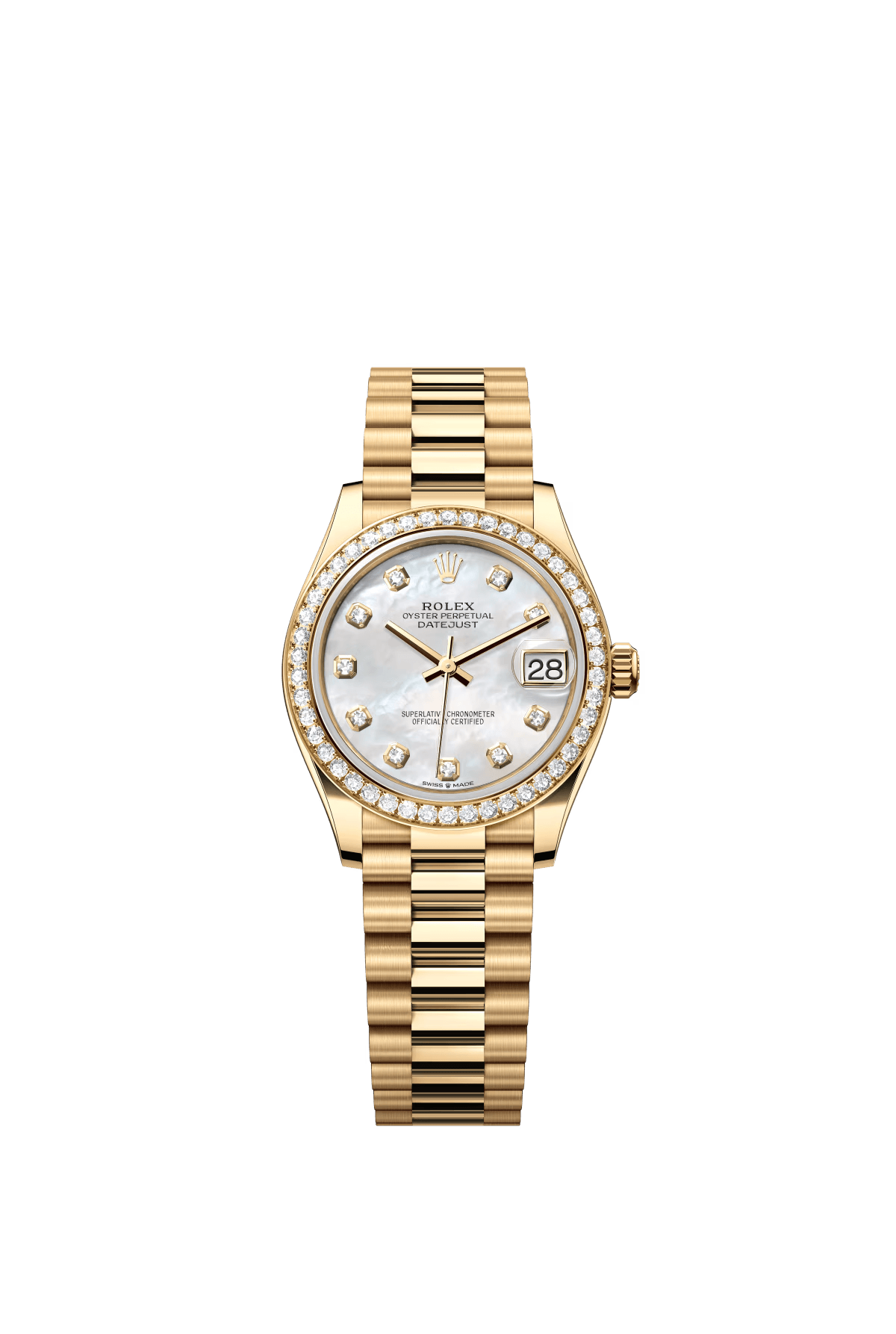 The Oyster Perpetual Datejust 31 in 18 ct yellow gold with a diamond-set white mother-of-pearl dial and a President bracelet. -m278288rbr-0006