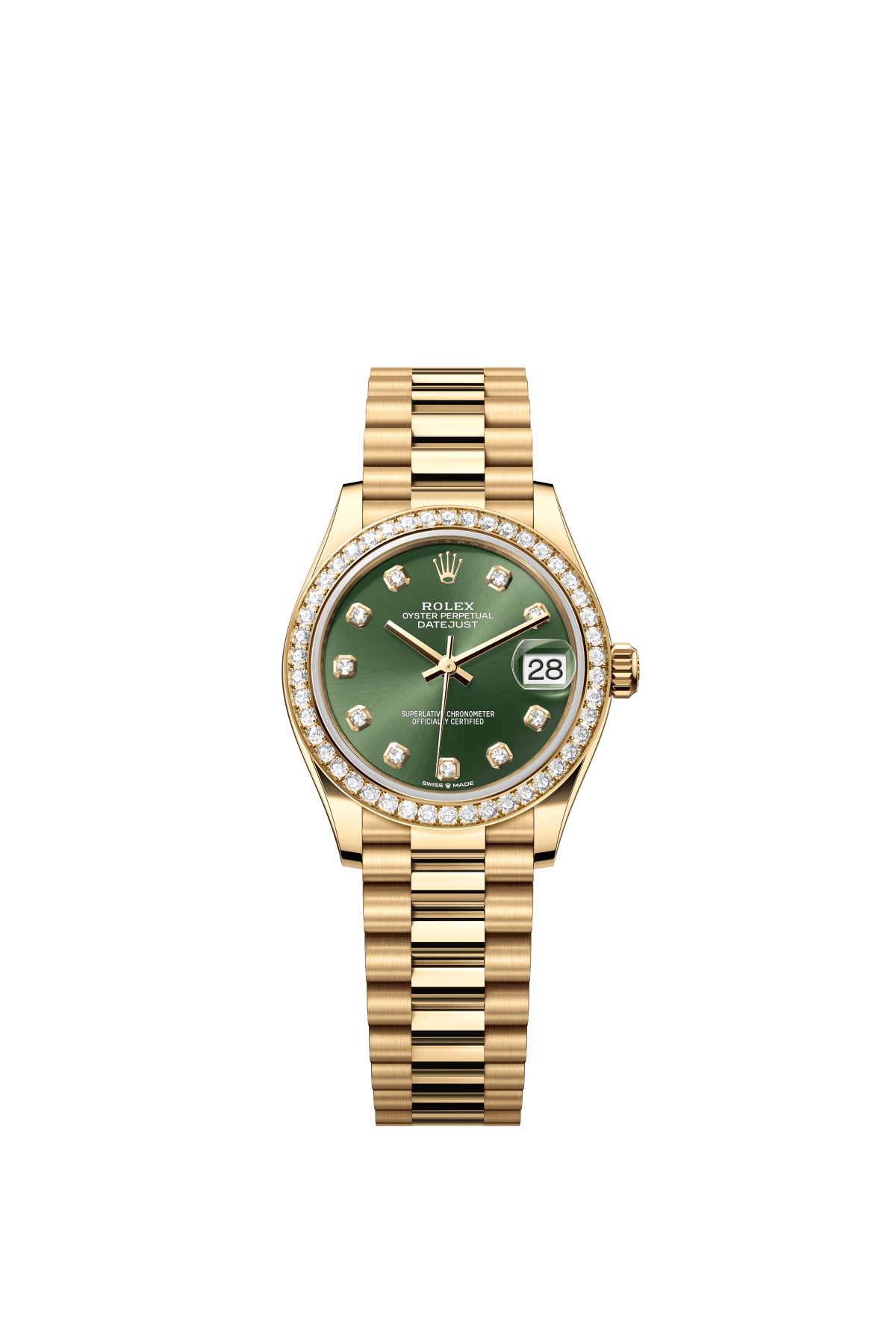 The Oyster Perpetual Datejust 31 is in 18 ct yellow gold with an olive-green diamond-set dial and a President bracelet. -m278288rbr-0007