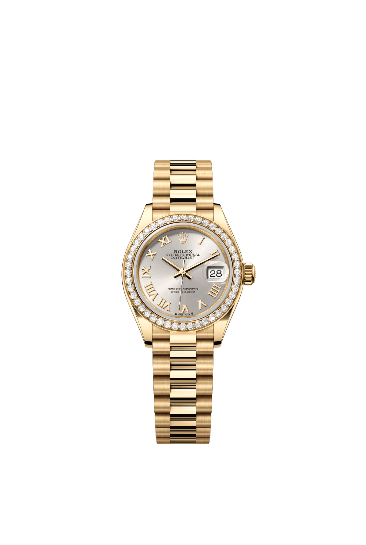 The Oyster Perpetual Lady-Datejust in 18 ct yellow gold with a silver dial and President bracelet. -m279138rbr-0017 28mm