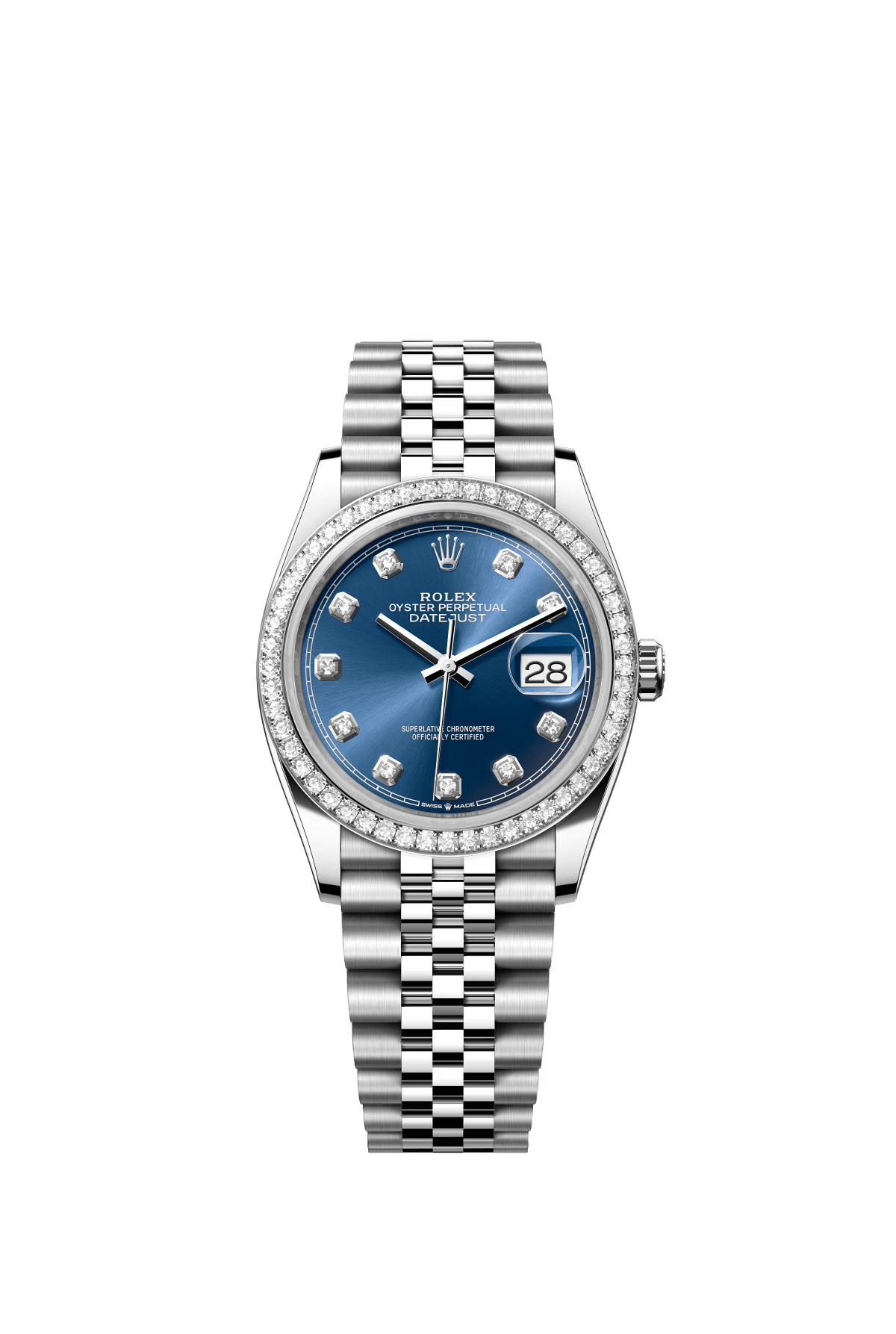 The Oyster Perpetual Datejust 36 is available in white gold and Oystersteel, with a brilliant blue diamond-set dial and a Jubilee bracelet. -m126284rbr-0029