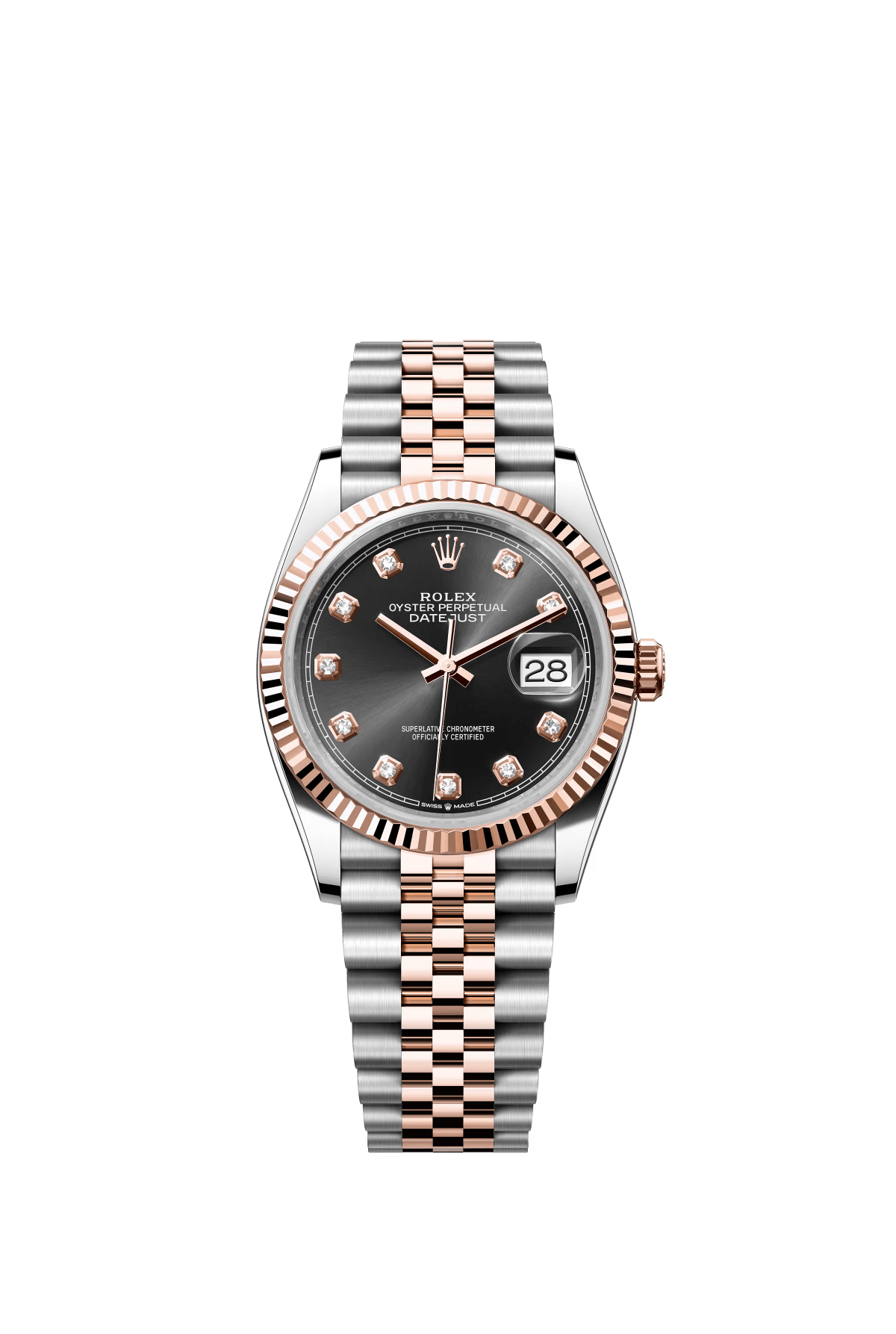 The Oyster Perpetual Datejust 36 is available in Everose gold and Oystersteel with a polished black diamond-set dial and a Jubilee bracelet. -m126231-0019