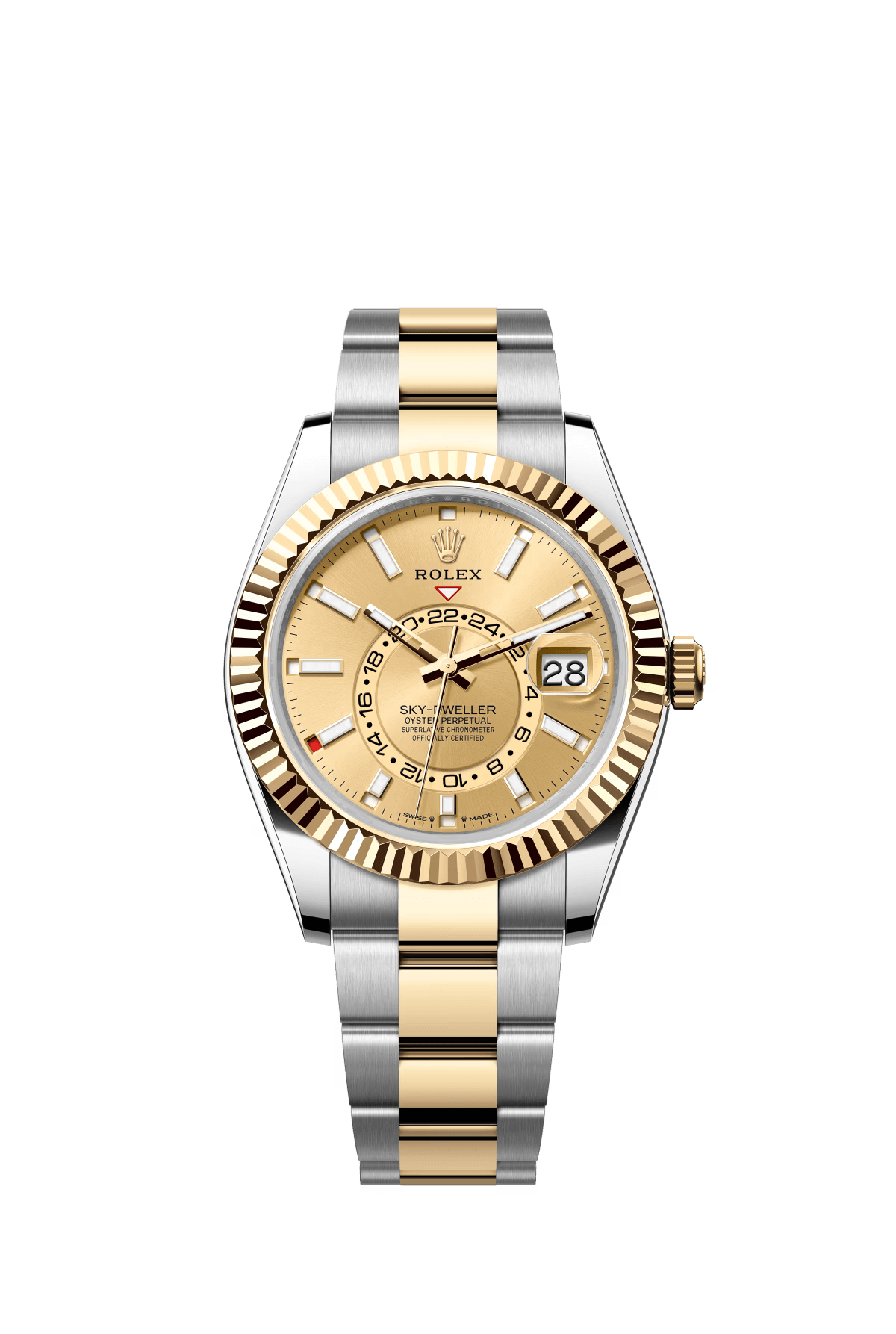 The Oyster Perpetual Sky-Dweller is available in yellow gold and Oystersteel with a champagne-coloured dial and an Oyster bracelet. -m336933-0001 42mm