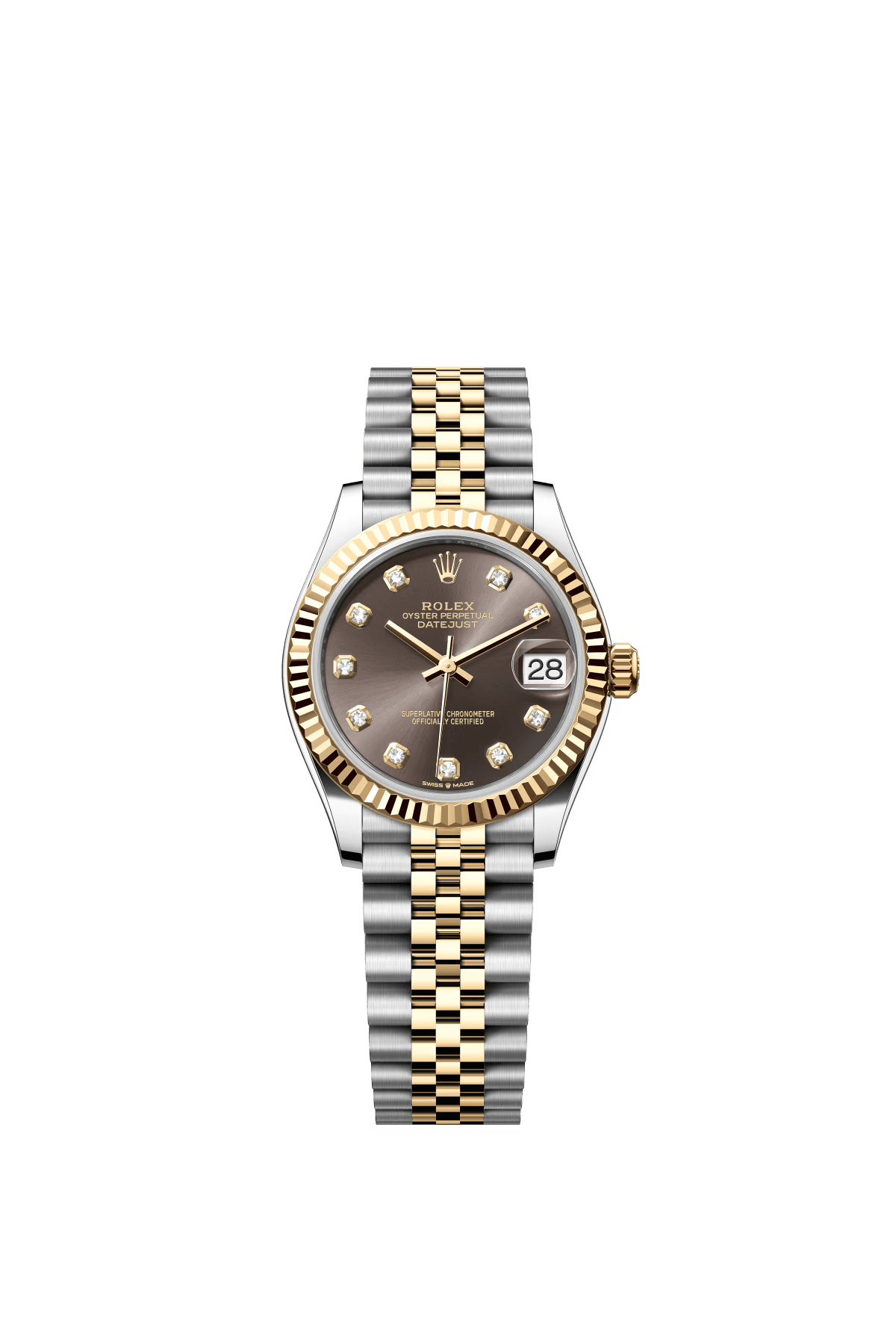 The Oyster Perpetual Datejust 31 in yellow gold and Oystersteel with a diamond-set dark grey dial and a Jubilee bracelet. -m278273-0022