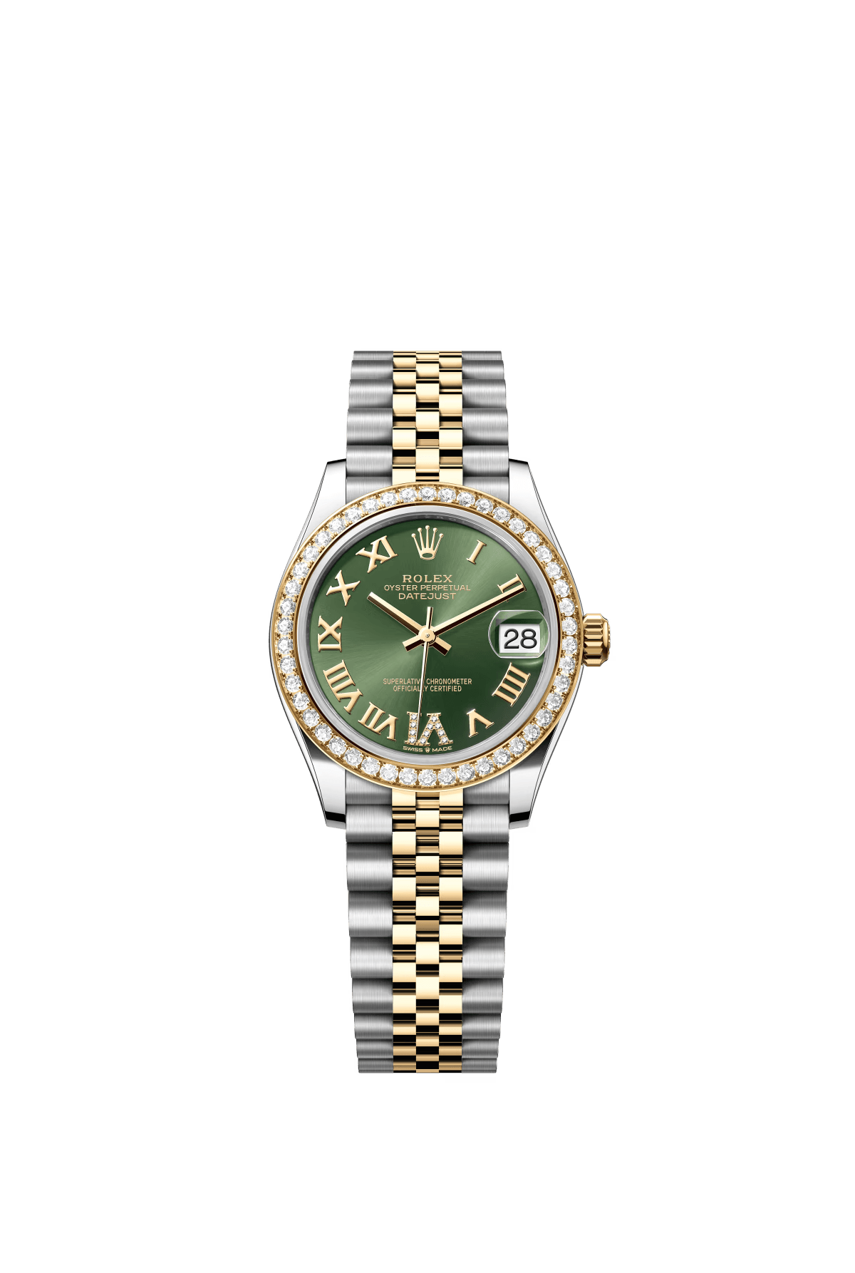 The Oyster Perpetual Datejust 31 in yellow gold and Oystersteel with a diamond-set olive green dial and a Jubilee bracelet. -m278383rbr-0016