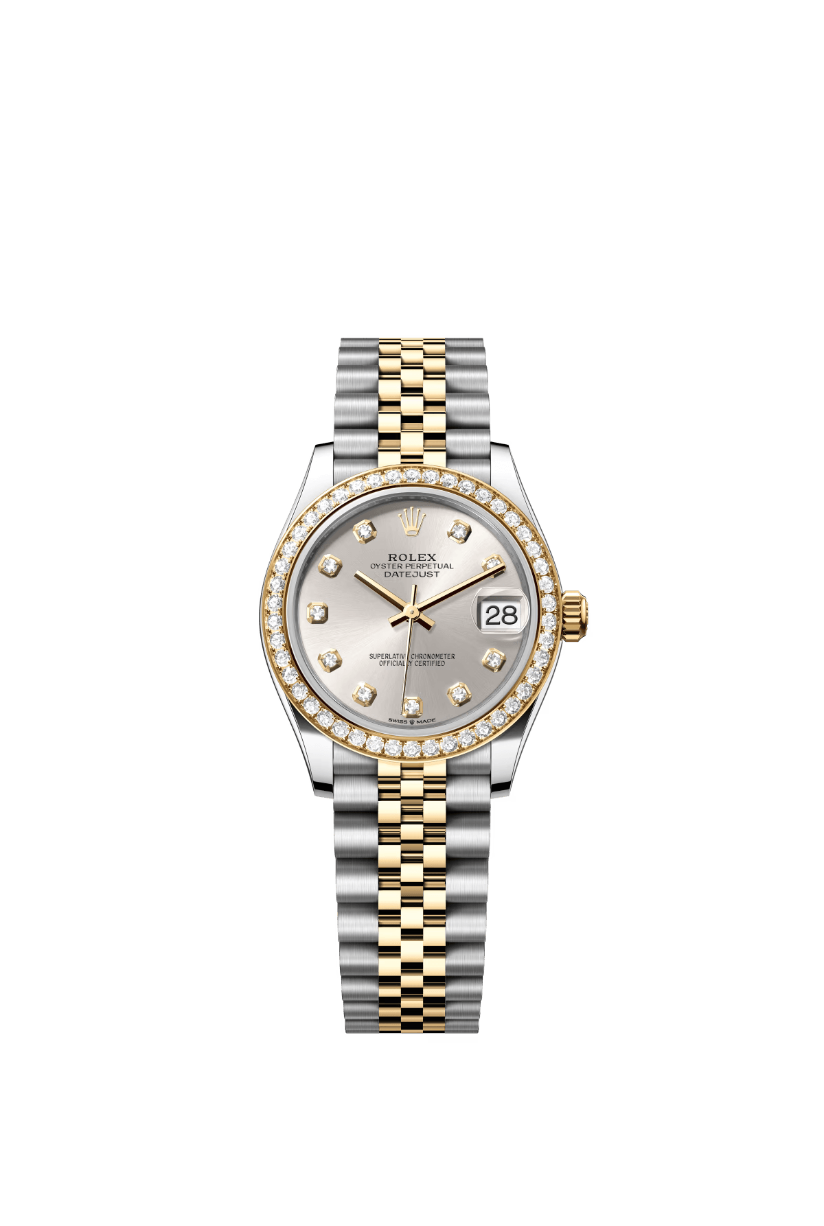 The Oyster Perpetual Datejust 31 is available in yellow gold and Oystersteel, with a silver-toned diamond-set dial and a Jubilee bracelet. -m278383rbr-0020