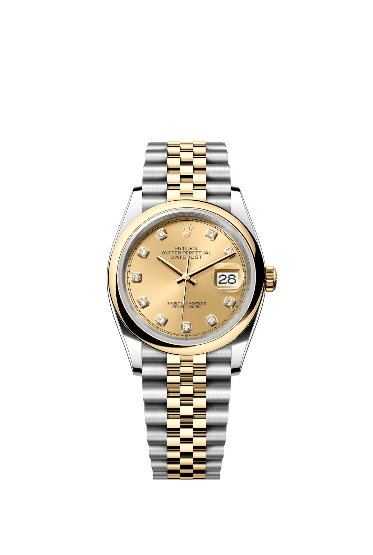 The Oyster Perpetual Datejust 36 is available in yellow gold and Oystersteel with a champagne-coloured diamond-set dial and a Jubilee bracelet. -m126203-0017
