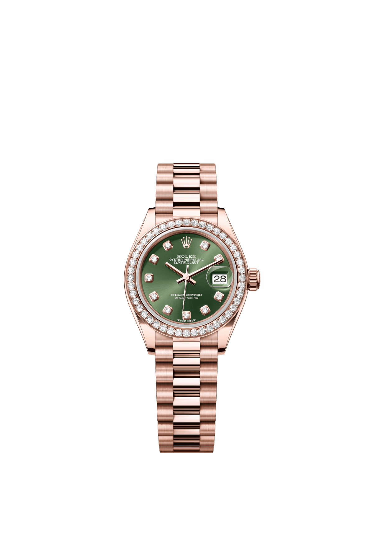 The Oyster Perpetual Lady-Datejust in 18-carat Everose gold with a diamond-set olive green dial and a President bracelet. -m279135rbr-0014 28mm