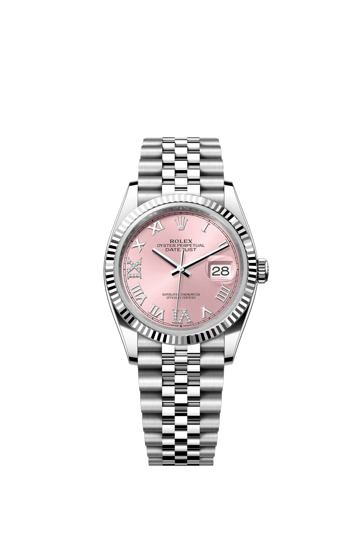 The Oyster Perpetual Datejust 36 in white gold and Oystersteel with a pink diamond-set dial and a Jubilee bracelet. -m126234-0031