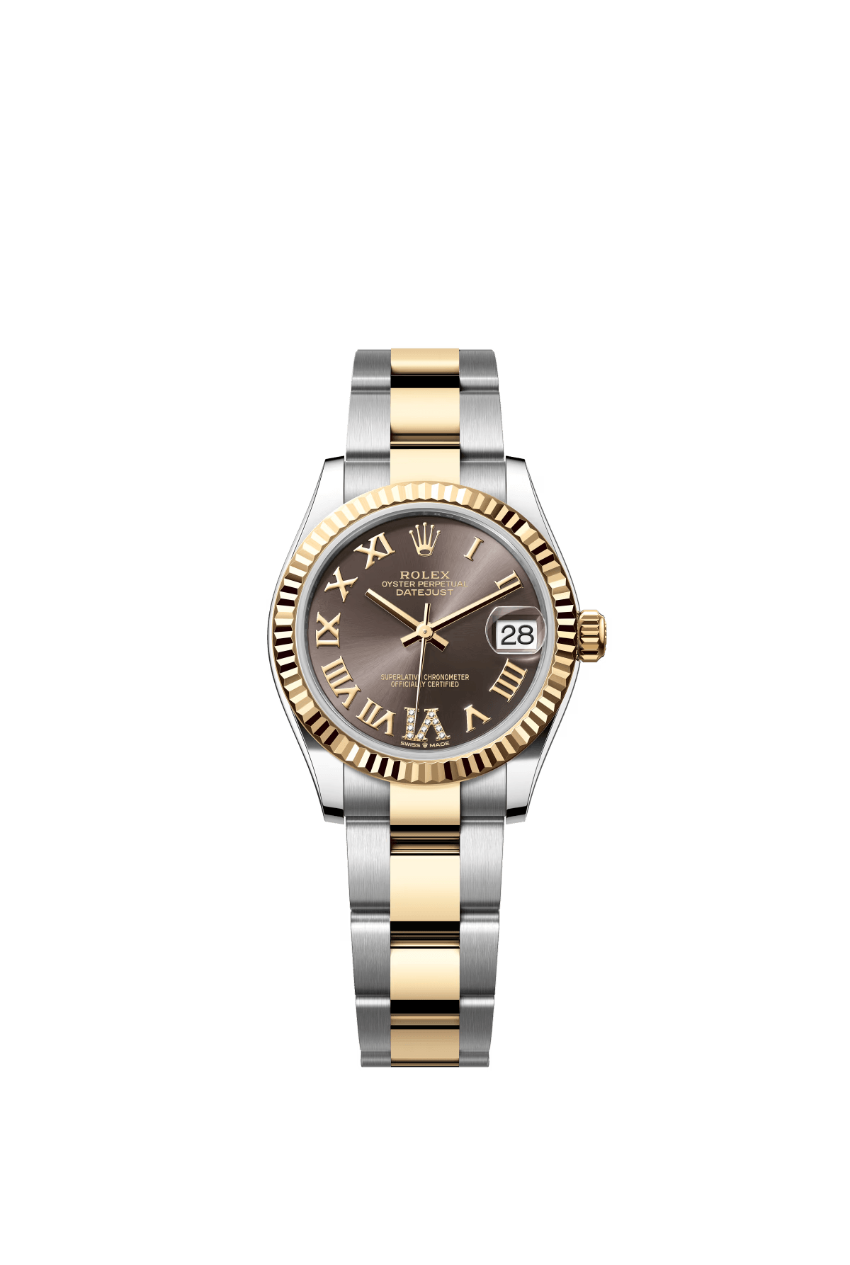 The Oyster Perpetual Datejust 31 is available in yellow gold and Oysteel, with a dark grey diamond-set dial and an Oyster bracelet. -m278273-0017