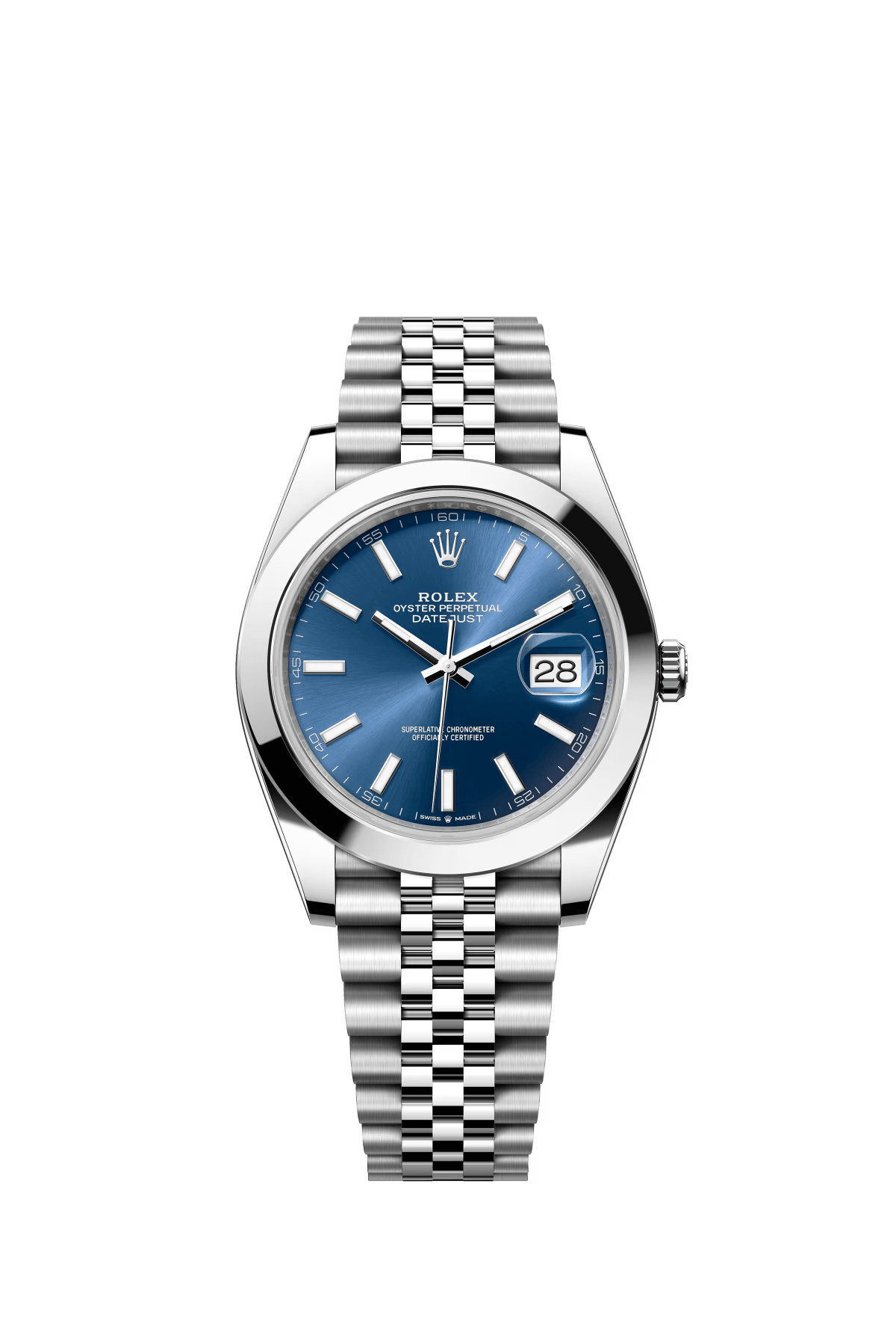 The Oyster Perpetual Datejust 41 is available in Oystersteel with a bright blue dial and a Jubilee bracelet. -m126300-0002