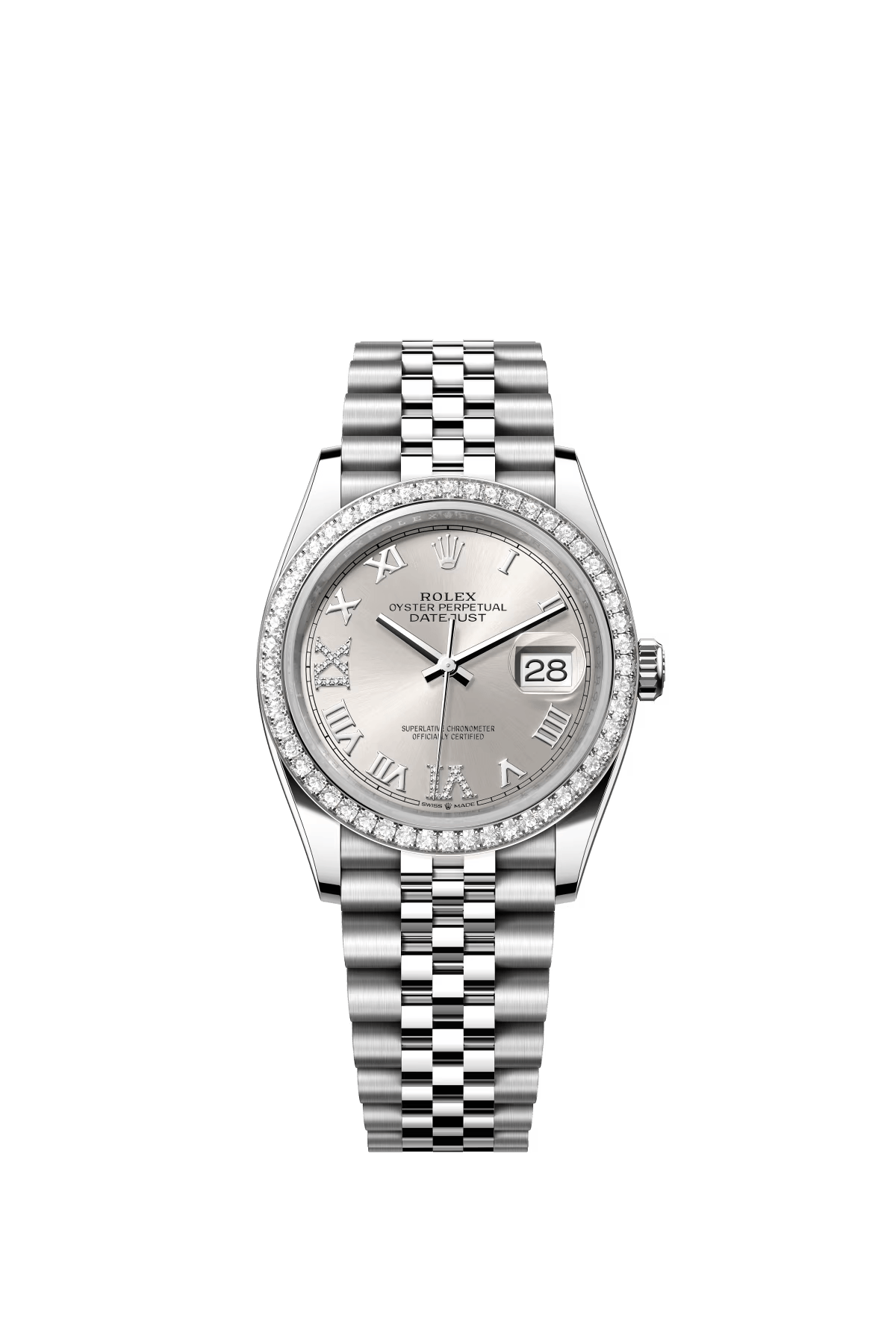 The Oyster Perpetual Datejust 36 in white gold and Oystersteel with a diamond-set silver dial and a Jubilee bracelet. -m126284rbr-0021