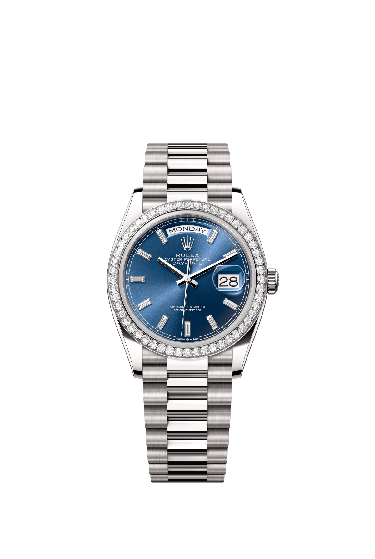 The Oyster Perpetual Day-Date 36 in 18 ct white gold with a brilliant blue diamond-set dial, diamond-set bezel and President bracelet. -m128349rbr-0051