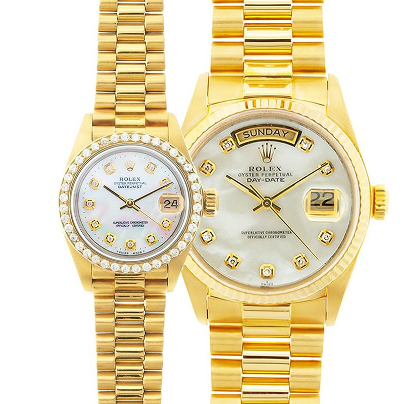 Rolex Oyster Perpetual Head of State Watch, 18K yellow gold, custom white mother-of-pearl dial with custom diamond indexes, Head bracelet, women's 28mm