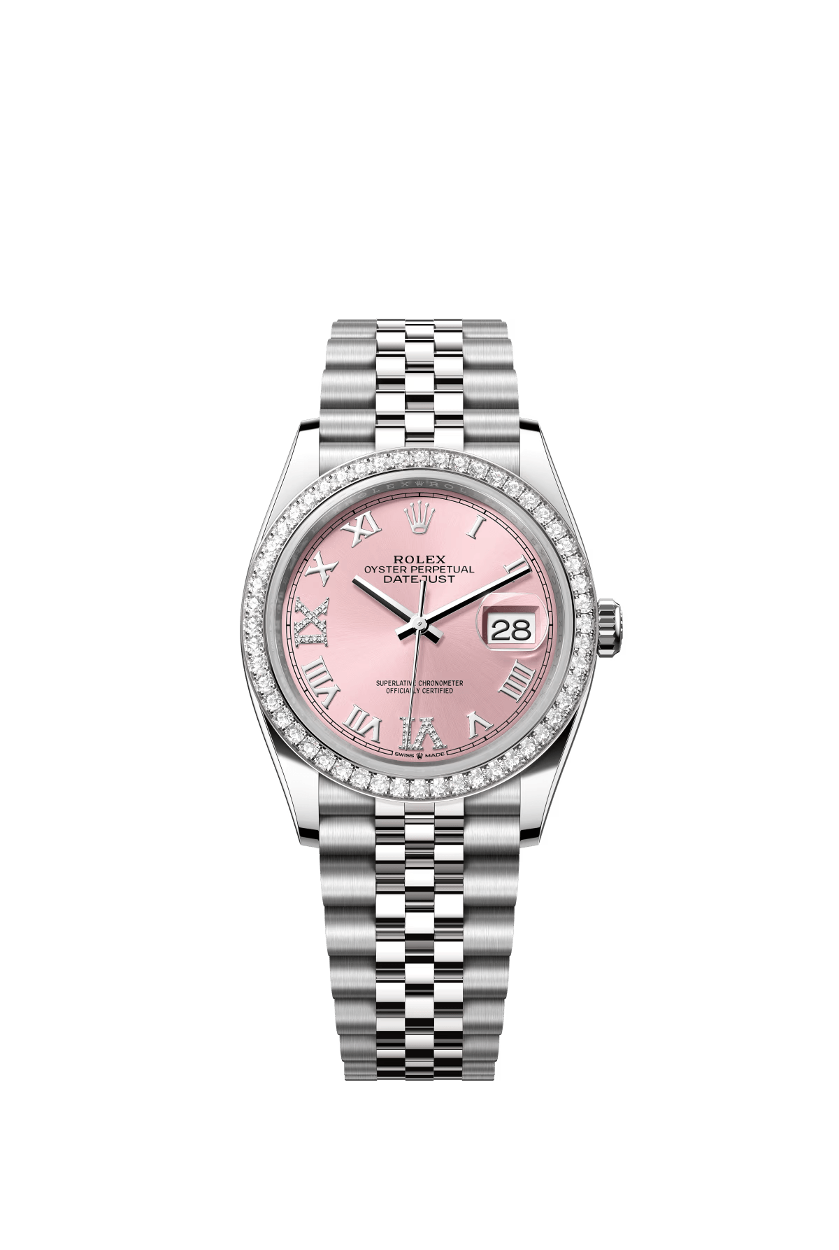 The Oyster Perpetual Datejust 36 in white gold and Oystersteel with a pink diamond-set dial and a Jubilee bracelet. -m126284rbr-0023