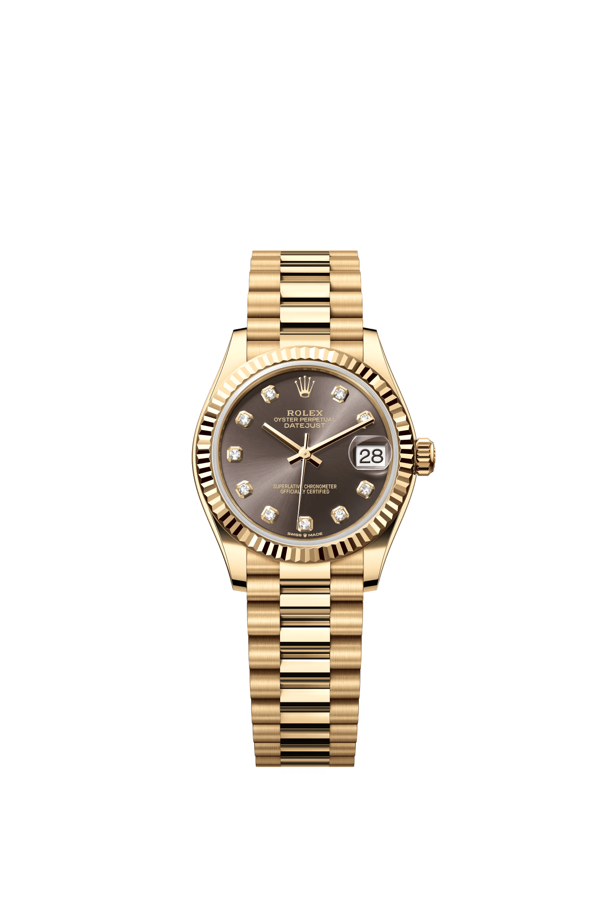The Oyster Perpetual Datejust 31 is in 18 ct yellow gold with a dark grey diamond-set dial and a President bracelet. -m278278-0036