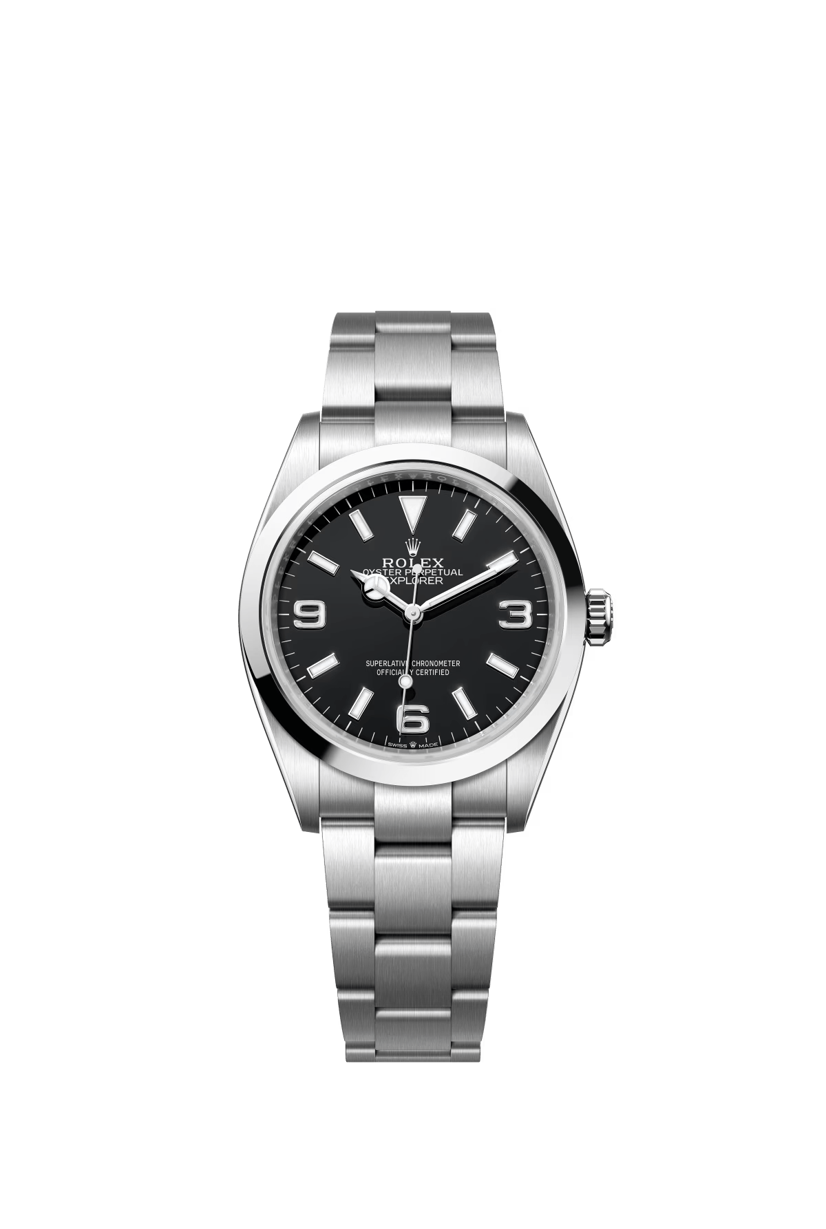 The Oyster Perpetual Explorer 36 is made of Oyster steel and features a distinctive black dial featuring the 3, 6 and 9 numerals coated with Chromalight. -m124270-0001
