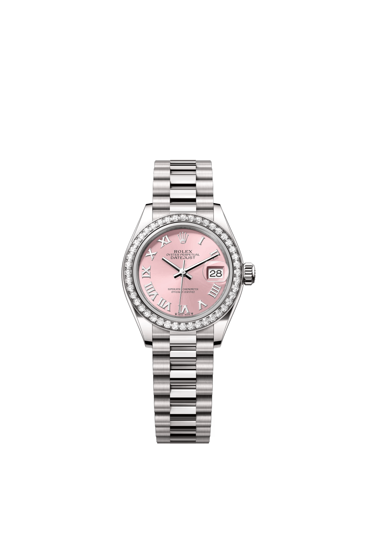 The Oyster Perpetual Lady-Datejust in 18-carat white gold with a pink dial and President bracelet. -m279139rbr-0012 28mm