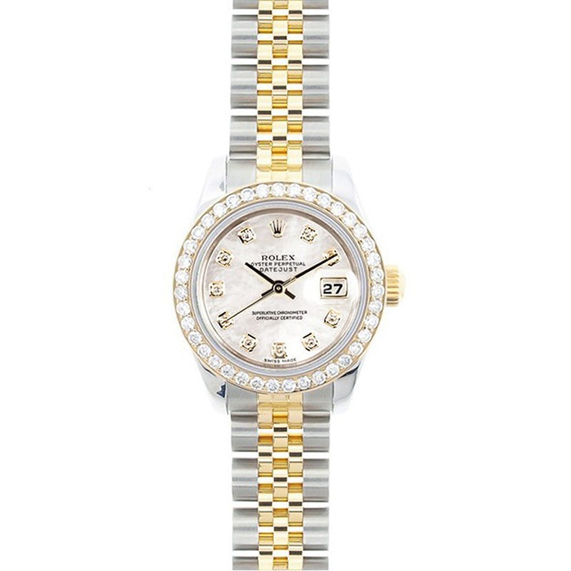 Rolex Oyster Perpetual Datejust Watch, 18K yellow gold and stainless steel, white mother-of-pearl diamond dial, diamond indexes, custom-made diamond bezel, women's 28mm