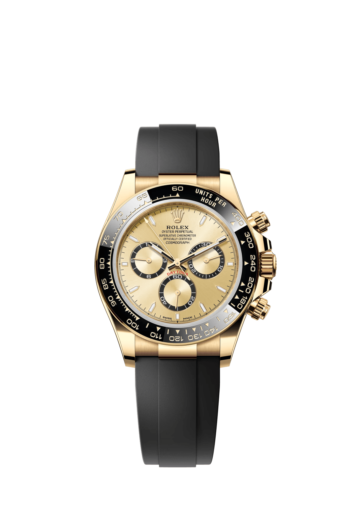 The Oyster Perpetual Cosmograph Daytona is available in 18 ct yellow gold with a gold-toned dial and contrasting chronograph counters. The watch is fitted with an Oysterflex strap with a tachymeter on a black Cerachrom bezel. -m126518ln-0010 40mm