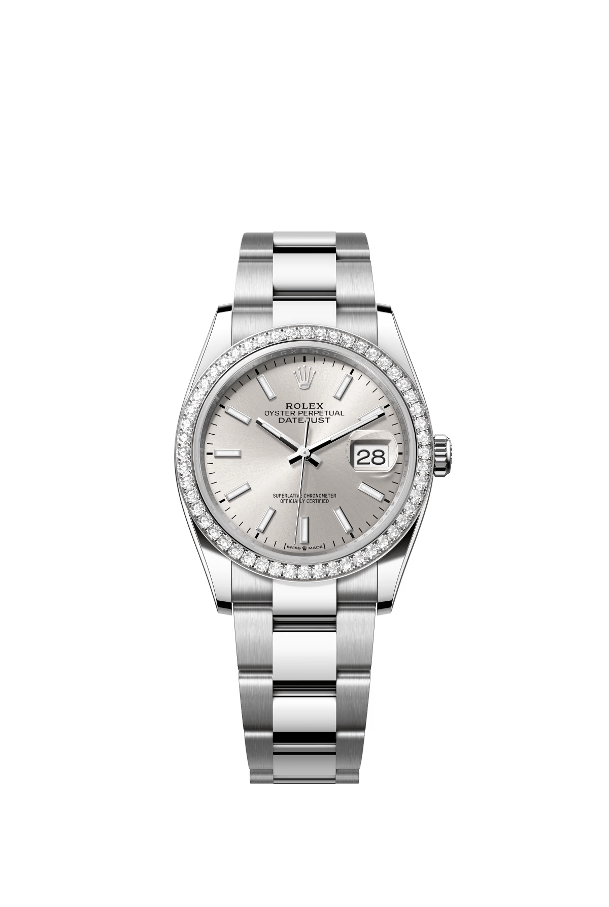 The Oyster Perpetual Datejust 36 is available in white gold and Oystersteel with a silver dial and Oyster bracelet. -m126284rbr-0006
