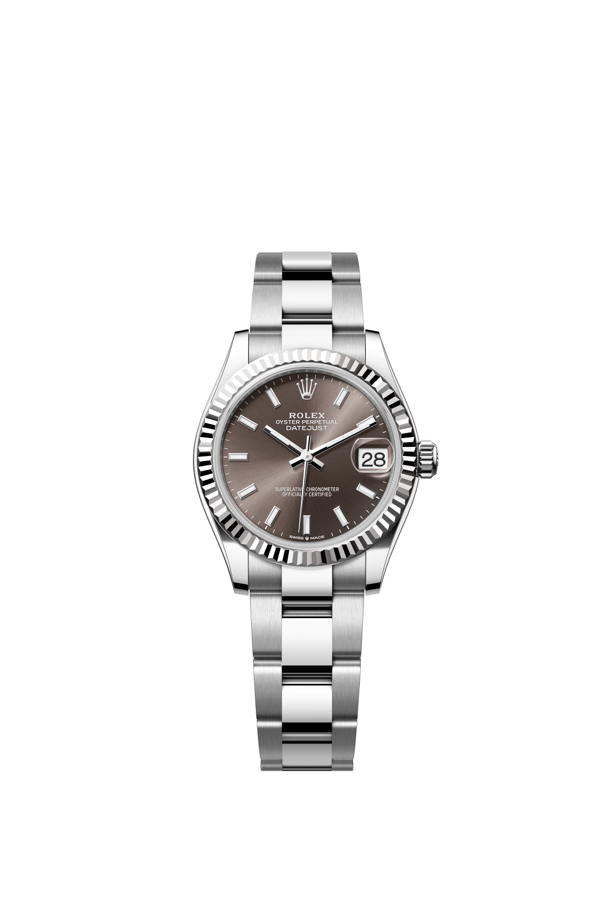 The Oyster Perpetual Datejust 31 is available in white gold and Oystersteel with a dark grey dial and an Oyster bracelet. -m278274-0015