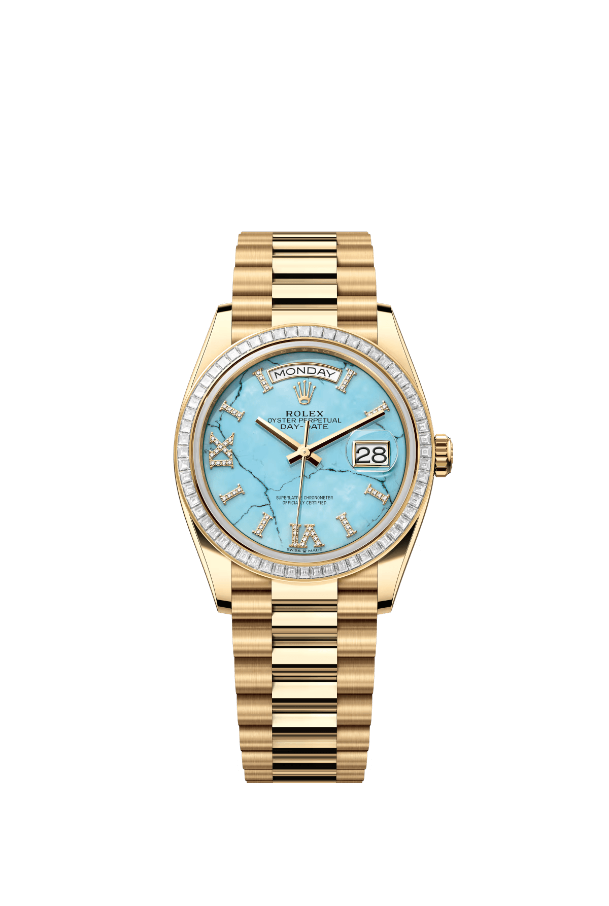 The Oyster Perpetual Day-Date 36 in 18 ct yellow gold with a diamond-set turquoise dial, diamond-set bezel and President bracelet. -m128398tbr-0014