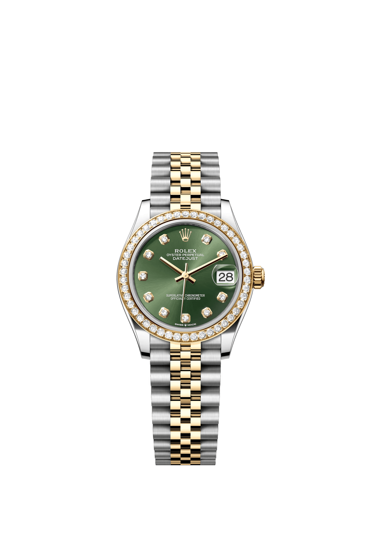 The Oyster Perpetual Datejust 31 in yellow gold and Oystersteel with a diamond-set olive green dial and a Jubilee bracelet. -m278383rbr-0030