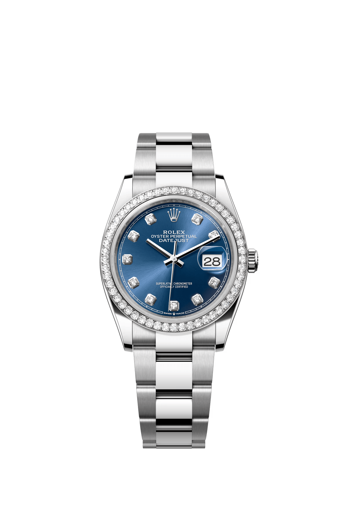 The Oyster Perpetual Datejust 36 is available in white gold and Oysteel, with a brilliant blue diamond-set dial and an Oyster bracelet. -m126284rbr-0030