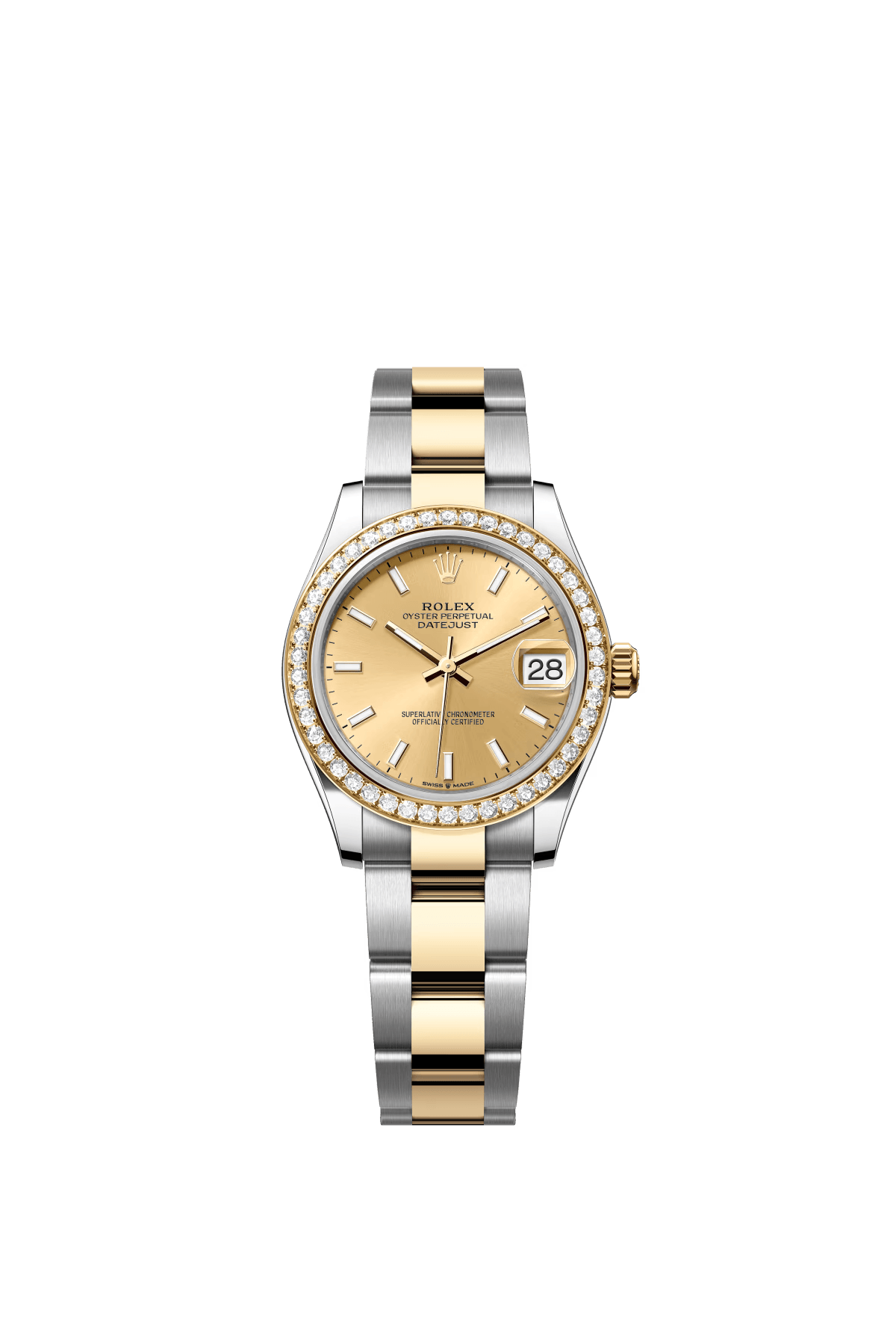 The Oyster Perpetual Datejust 31 is available in yellow gold and Oysteel, with a champagne-coloured dial and an Oyster bracelet. -m278383rbr-0013