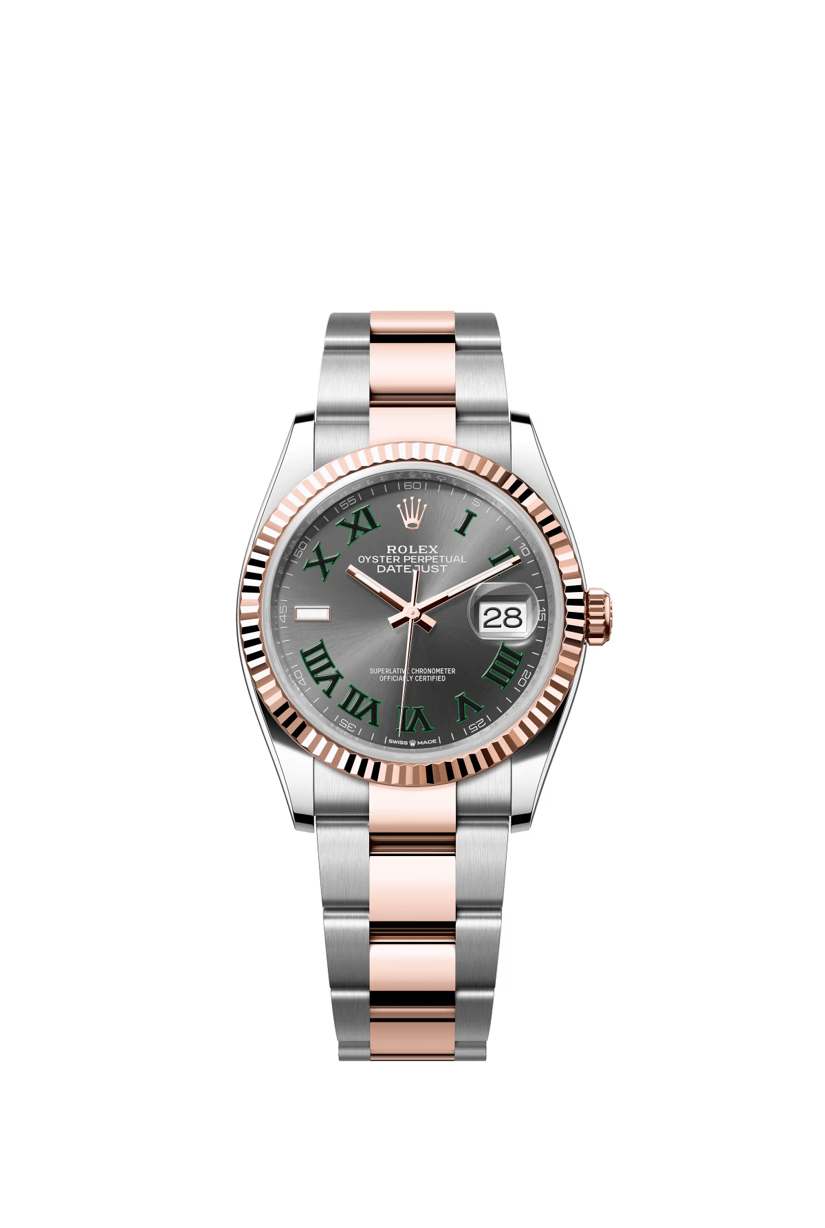 The Oyster Perpetual Datejust 36 is available in Everose gold and Oystersteel, with a slate grey dial and an Oyster bracelet. -m126231-0030