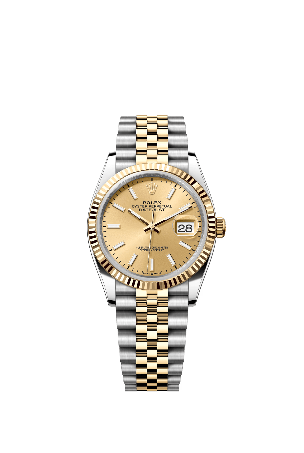 The Oyster Perpetual Datejust 36 is available in yellow gold and Oystersteel with a champagne-coloured dial and a Jubilee bracelet. -m126233-0015