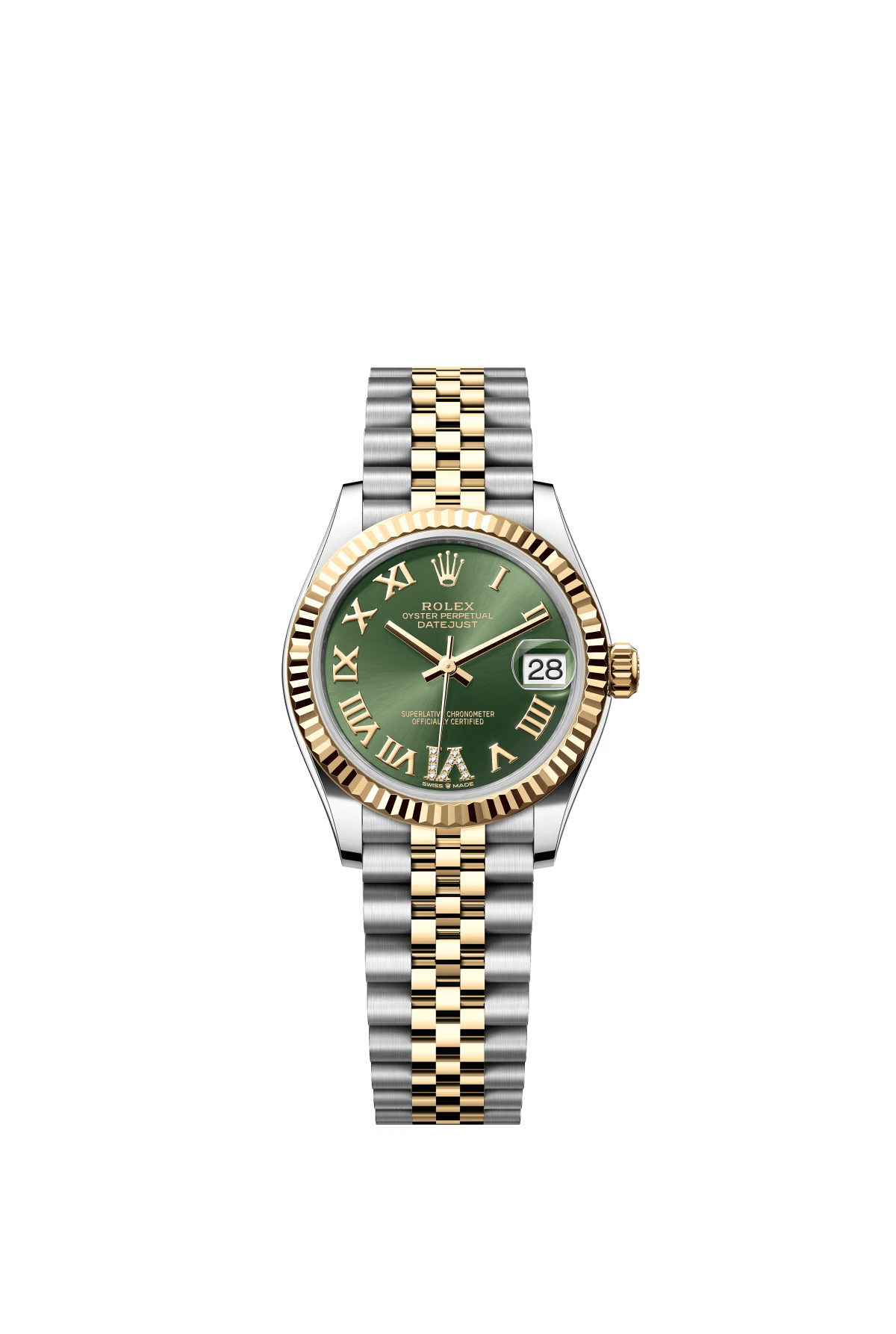 The Oyster Perpetual Datejust 31 in yellow gold and Oystersteel with a diamond-set olive green dial and a Jubilee bracelet. -m278273-0016