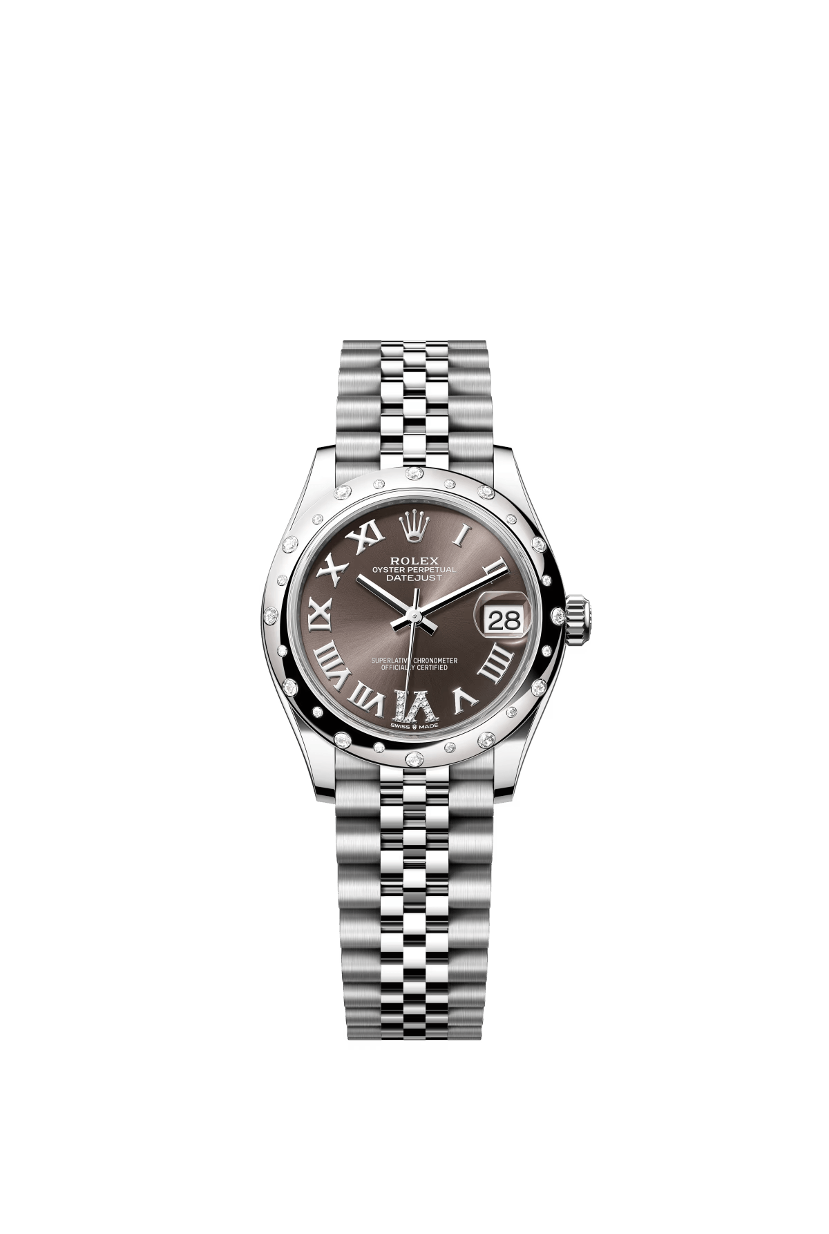 The Oyster Perpetual Datejust 31 is available in white gold and Oystersteel with a diamond-set dark grey dial and a Jubilee bracelet. -m278344rbr-0030